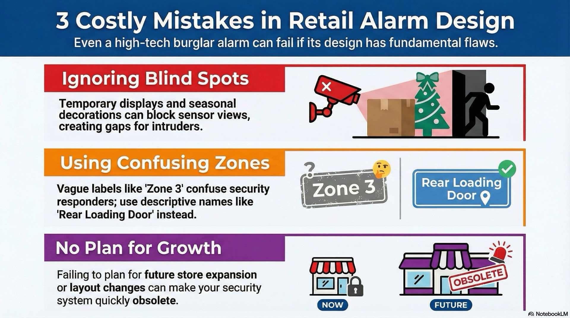 Summary of frequent burglar alarm design mistakes in retail stores and showrooms, with practical ways to avoid gaps in intrusion security.