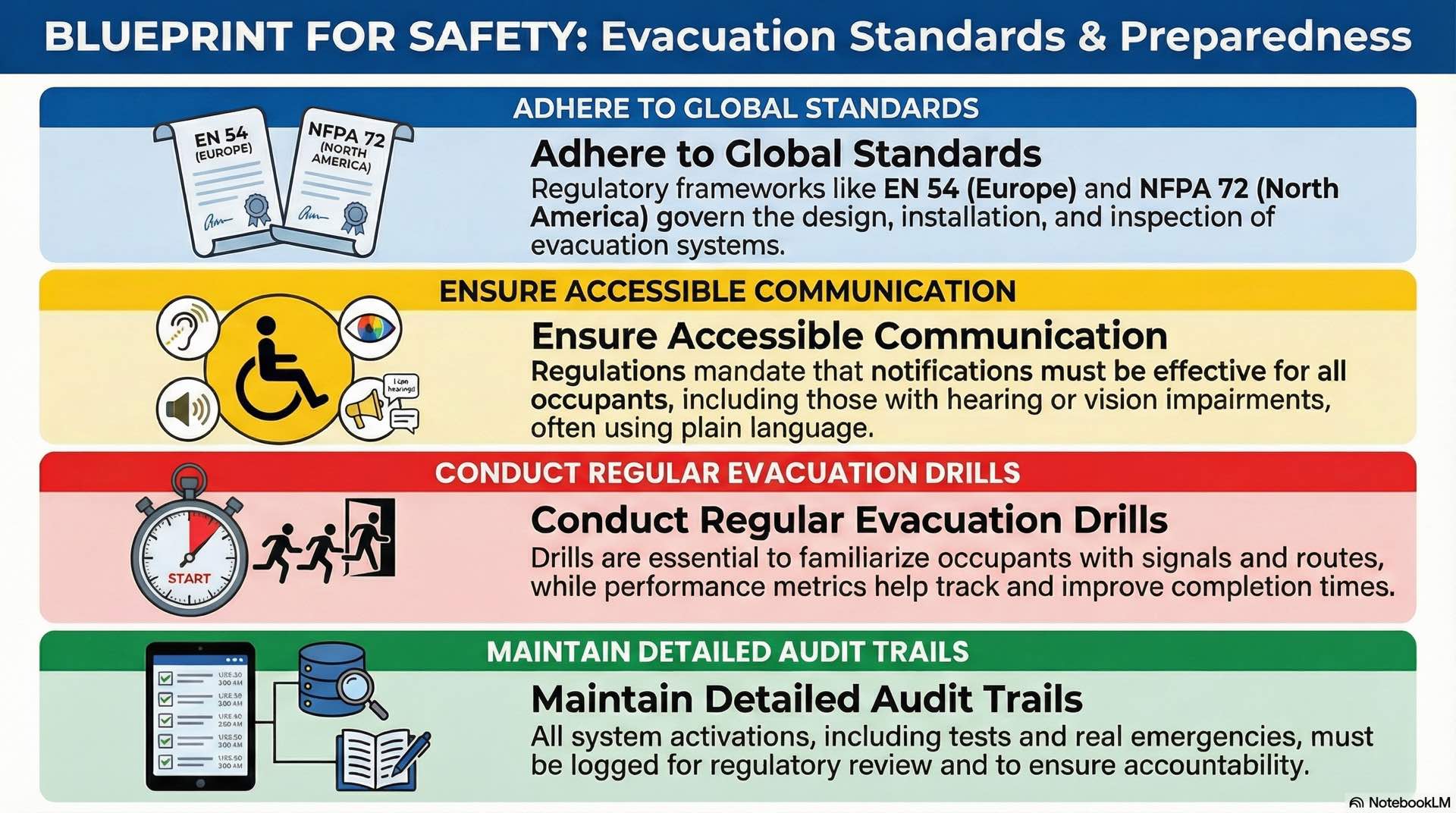 Compliance requirements include EN 54, NFPA 72, accessibility rules, evacuation drills, documentation, audit trails, and preparedness policies for emergency operation.