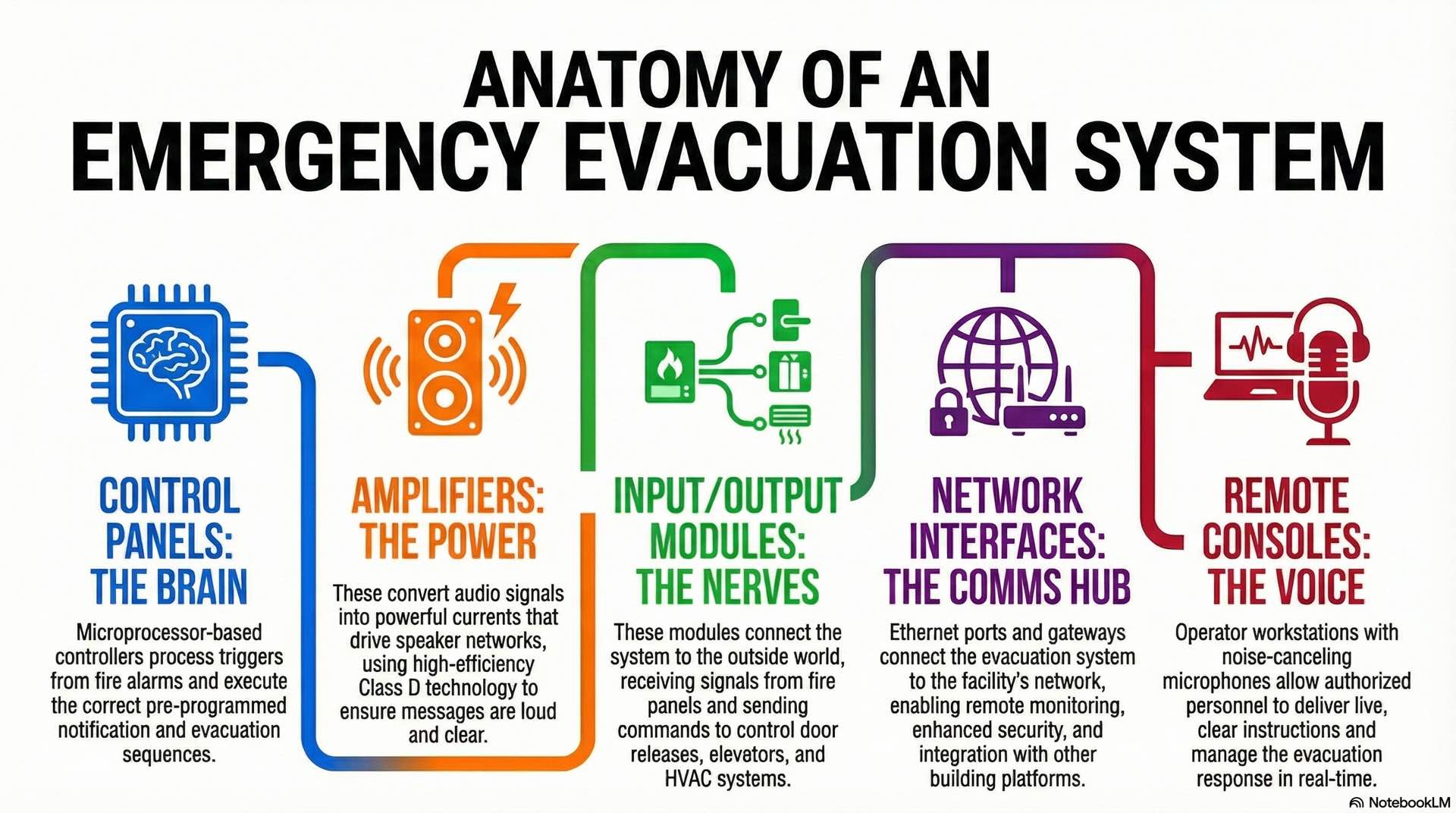 Control panels, amplifiers, routers, modules, and paging consoles manage signal processing and system control for evacuation functions.
