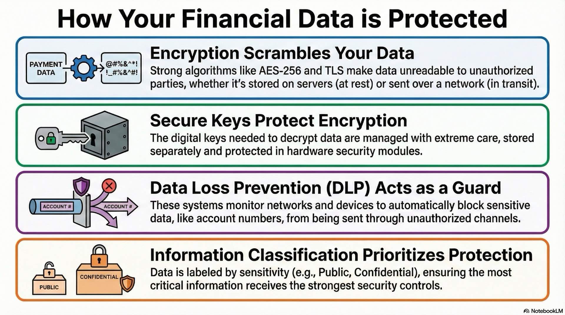 Explain practical techniques for data protection in financial services, including encryption, classification, and controls against data leakage.