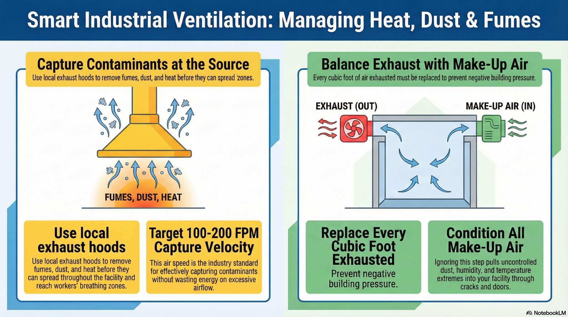 Effective HVAC ventilation captures heat, dust, and emissions at the source while balancing exhaust and make-up air to keep conditions controlled and predictable.