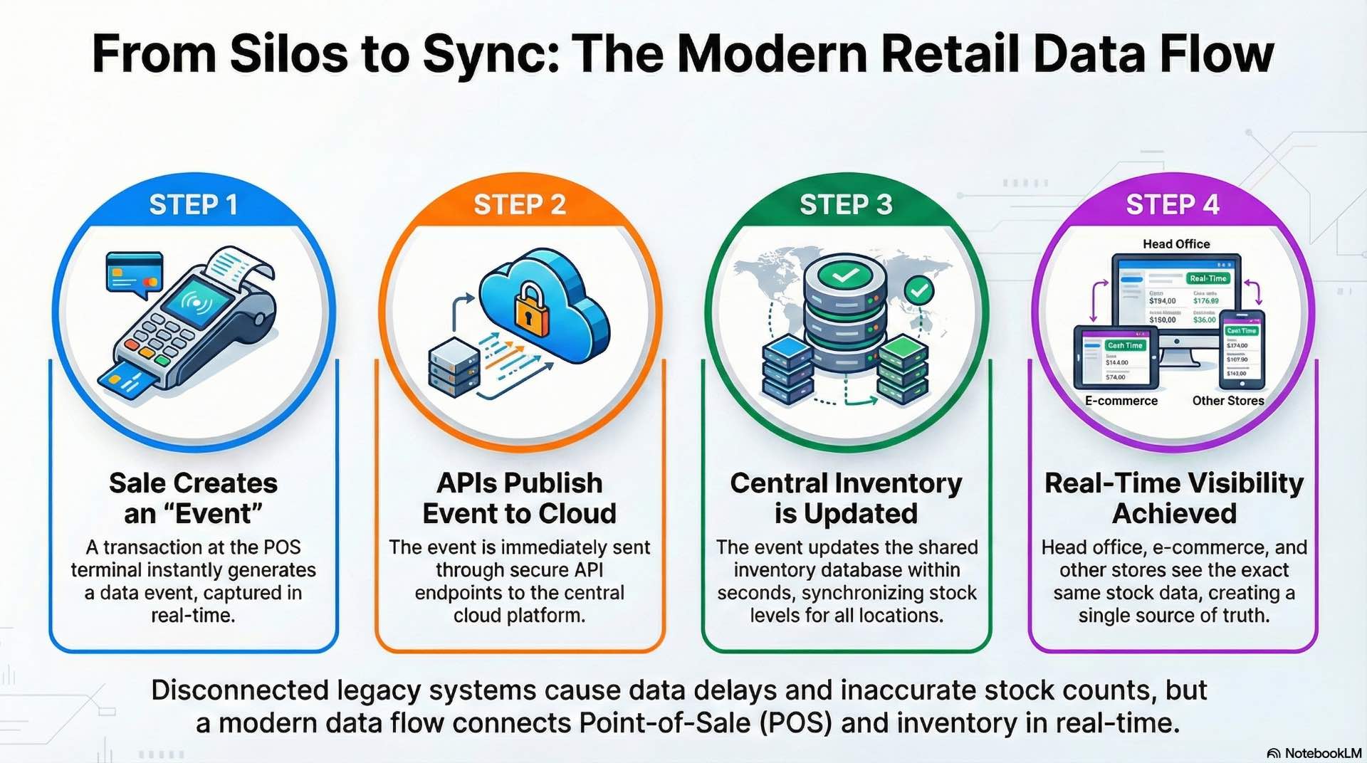 POS and inventory data flows define how orders, stock movements and refunds move between each store, head office and cloud systems without conflicts.