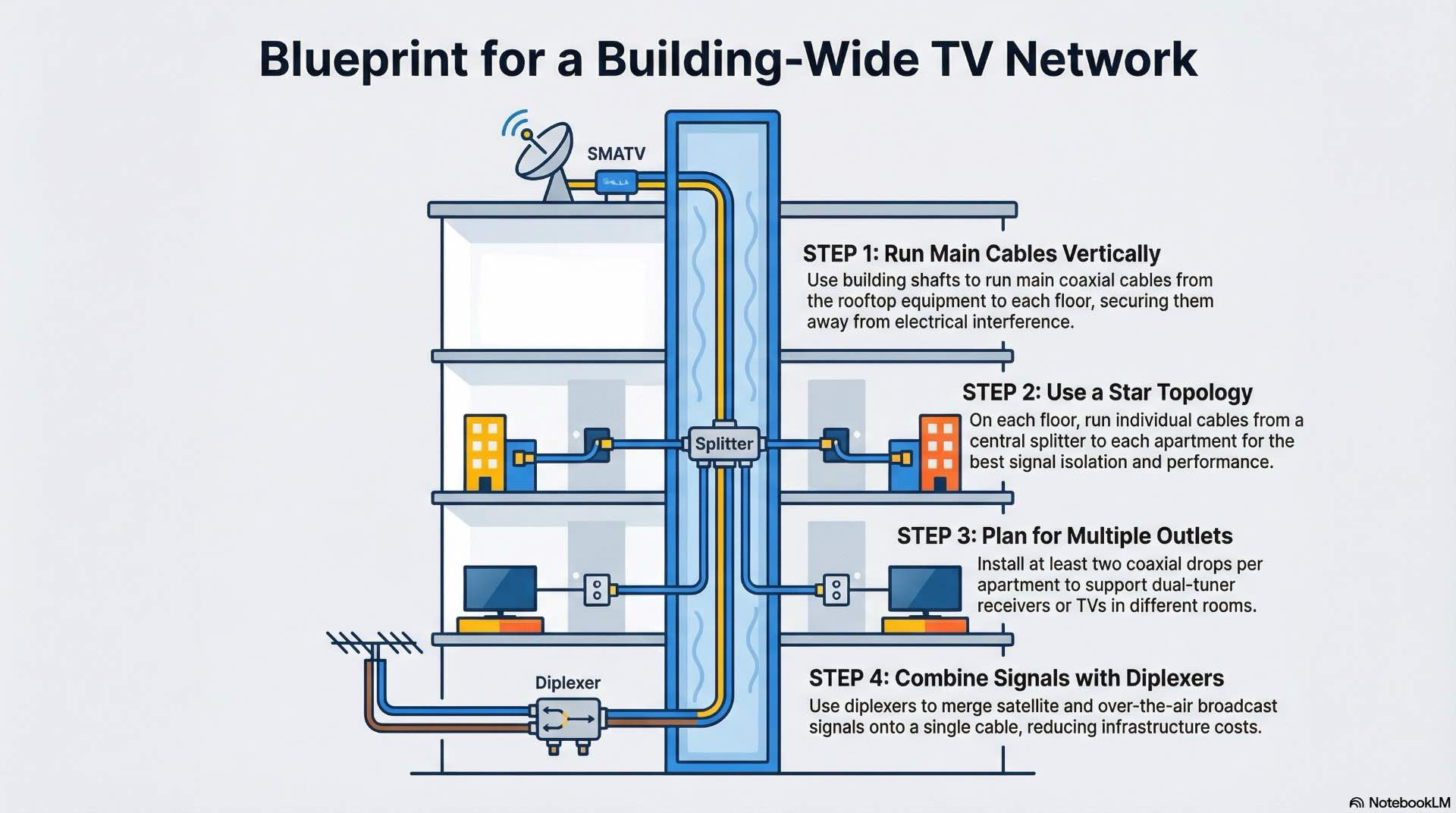 Risers, floor branches and apartment spurs form a balanced smatv network that keeps satellite and terrestrial tv levels within range.