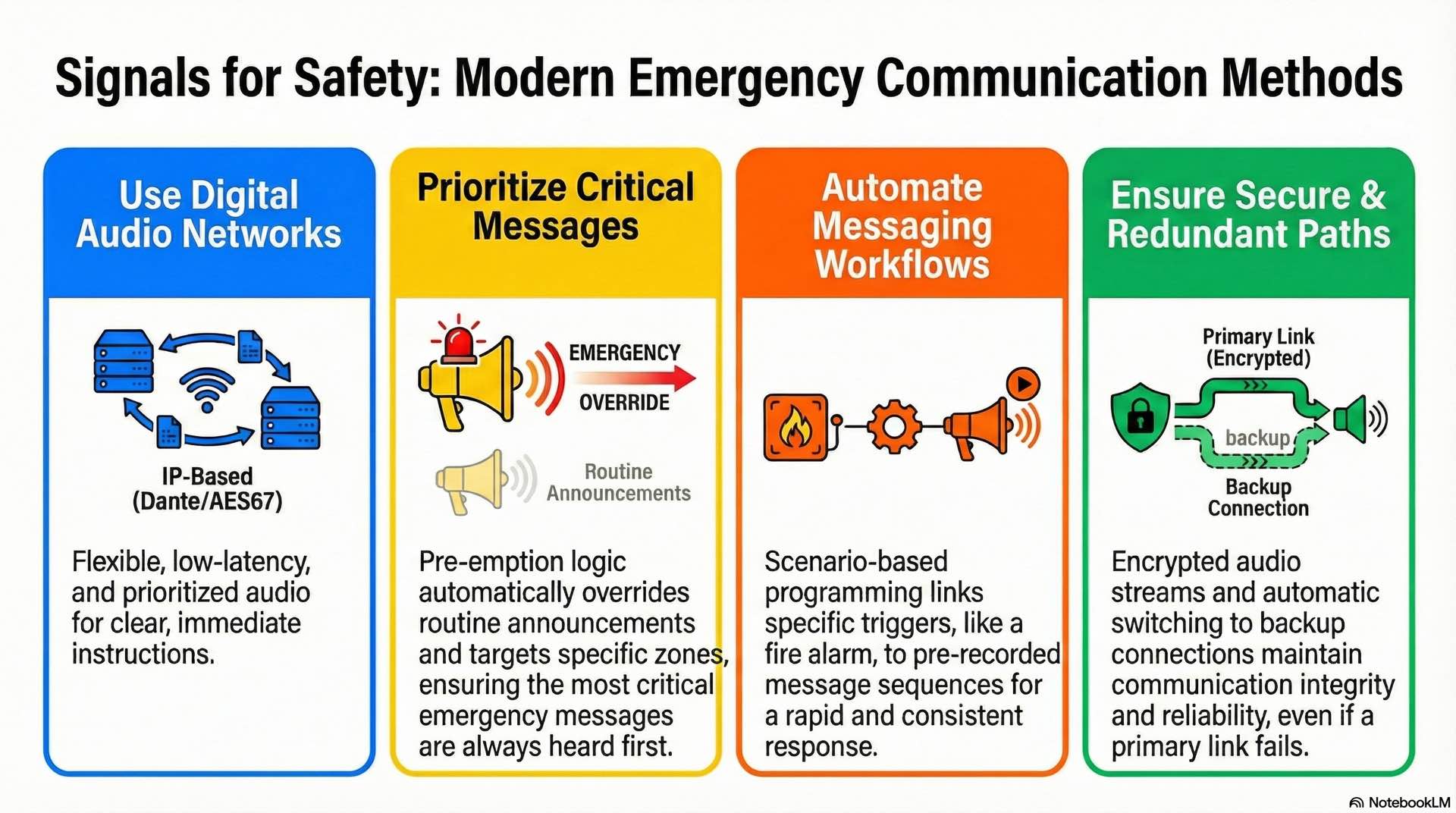 Communication methods use Dante, AES67, EN 54 signaling, paging logic, automated messaging, and redundant paths to maintain reliability during emergency events.