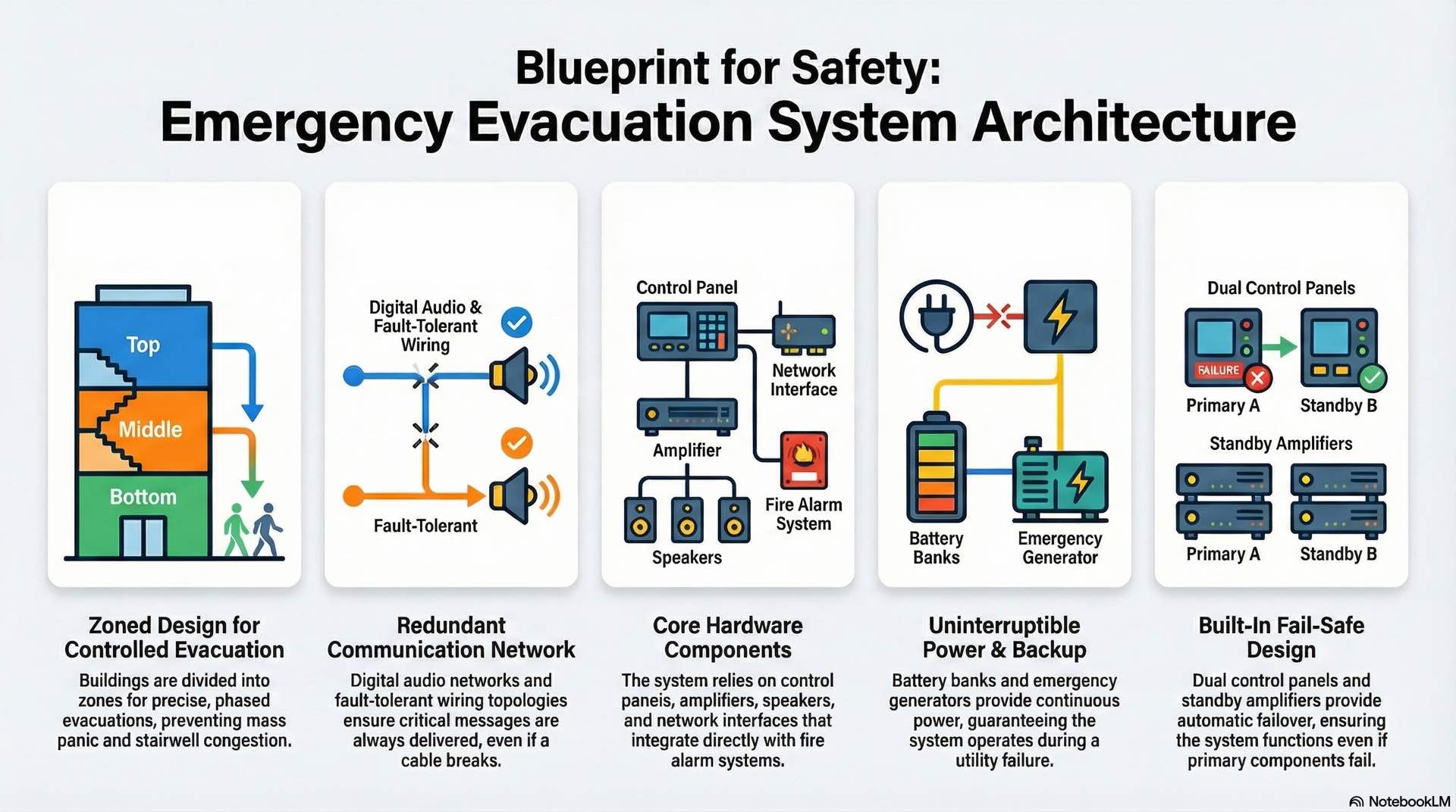 System architecture defines zoning, routing, network design, loop structure, backup power, redundancy, and multi-building coordination for emergency evacuation.
