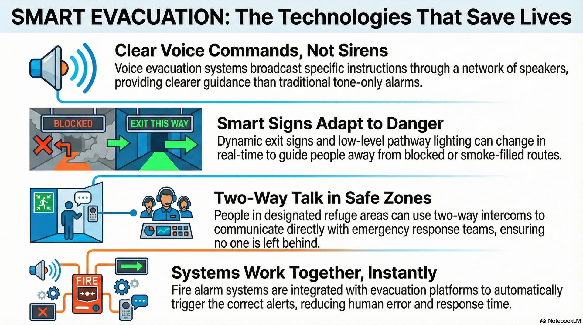 Evacuation technologies include voice systems, mass notification, exit guidance, refuge communication, integrated solutions, and cloud platforms used to support emergency response