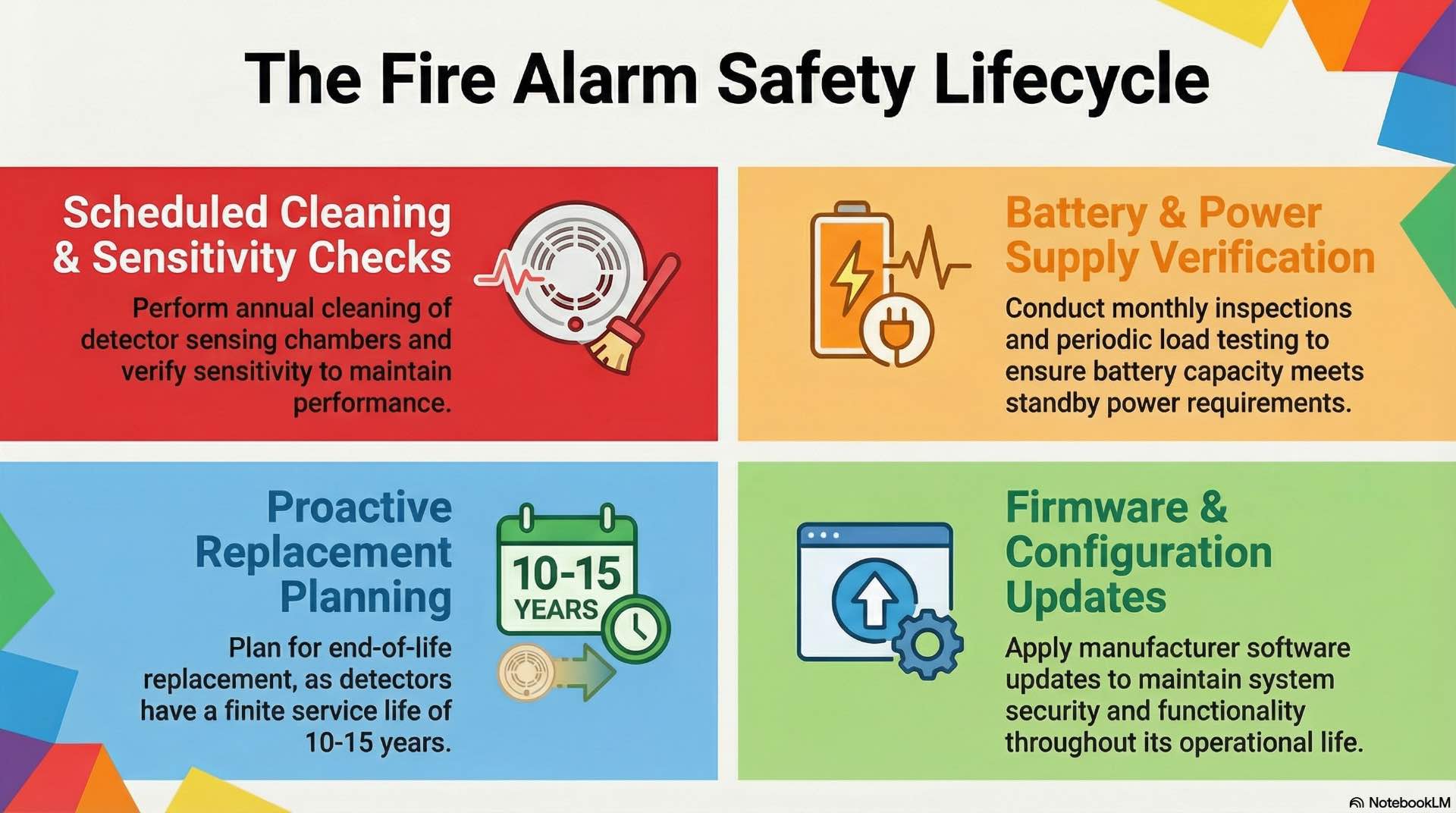 Fire alarm operations and maintenance involve scheduled inspections, calibration, updates, and troubleshooting to maintain long-term system health.