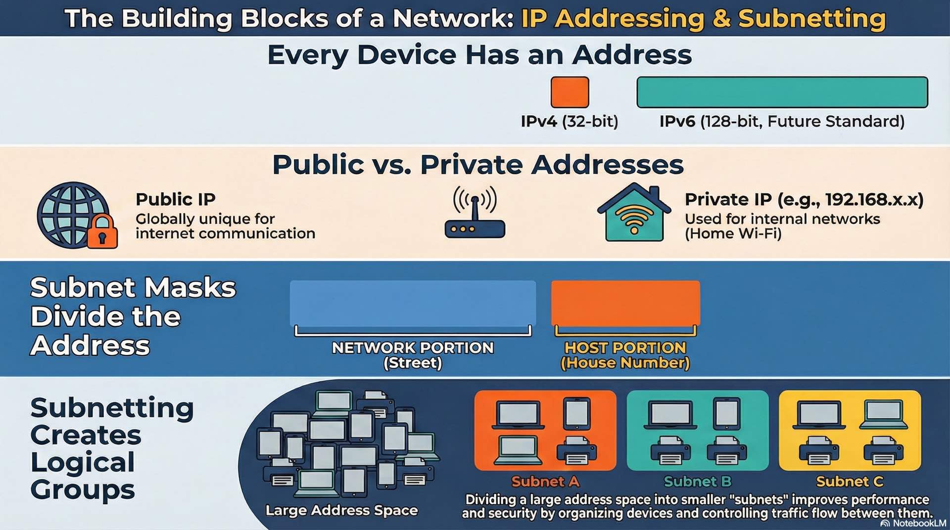 IP addressing and subnetting assign logical identifiers using IPv4, IPv6, and CIDR structures to manage network segmentation and routing.