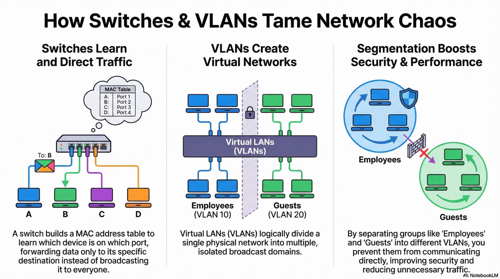 Switching and VLANs manage local traffic using MAC addressing, frame forwarding, and logical segmentation across shared infrastructure.