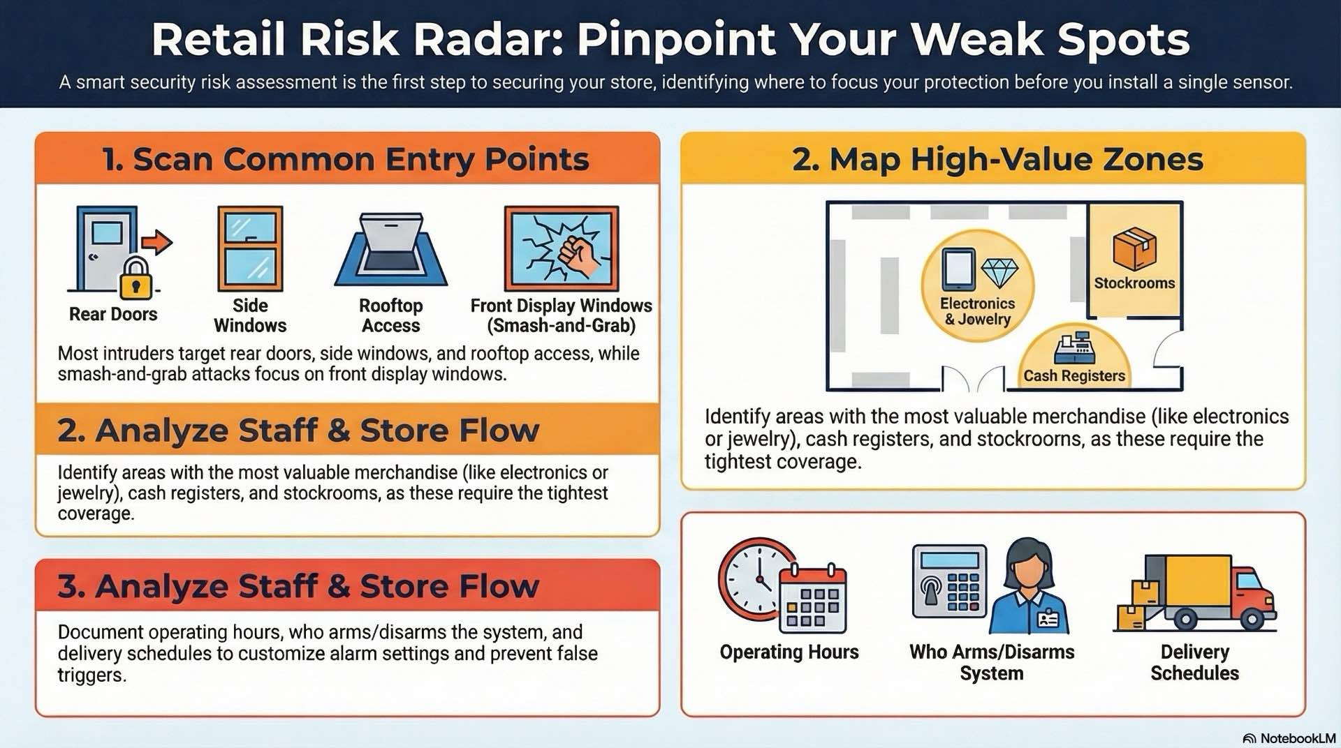 Step-by-step approach to map burglary risks, break-in routes and weak entry points for different types of retail stores and showrooms.