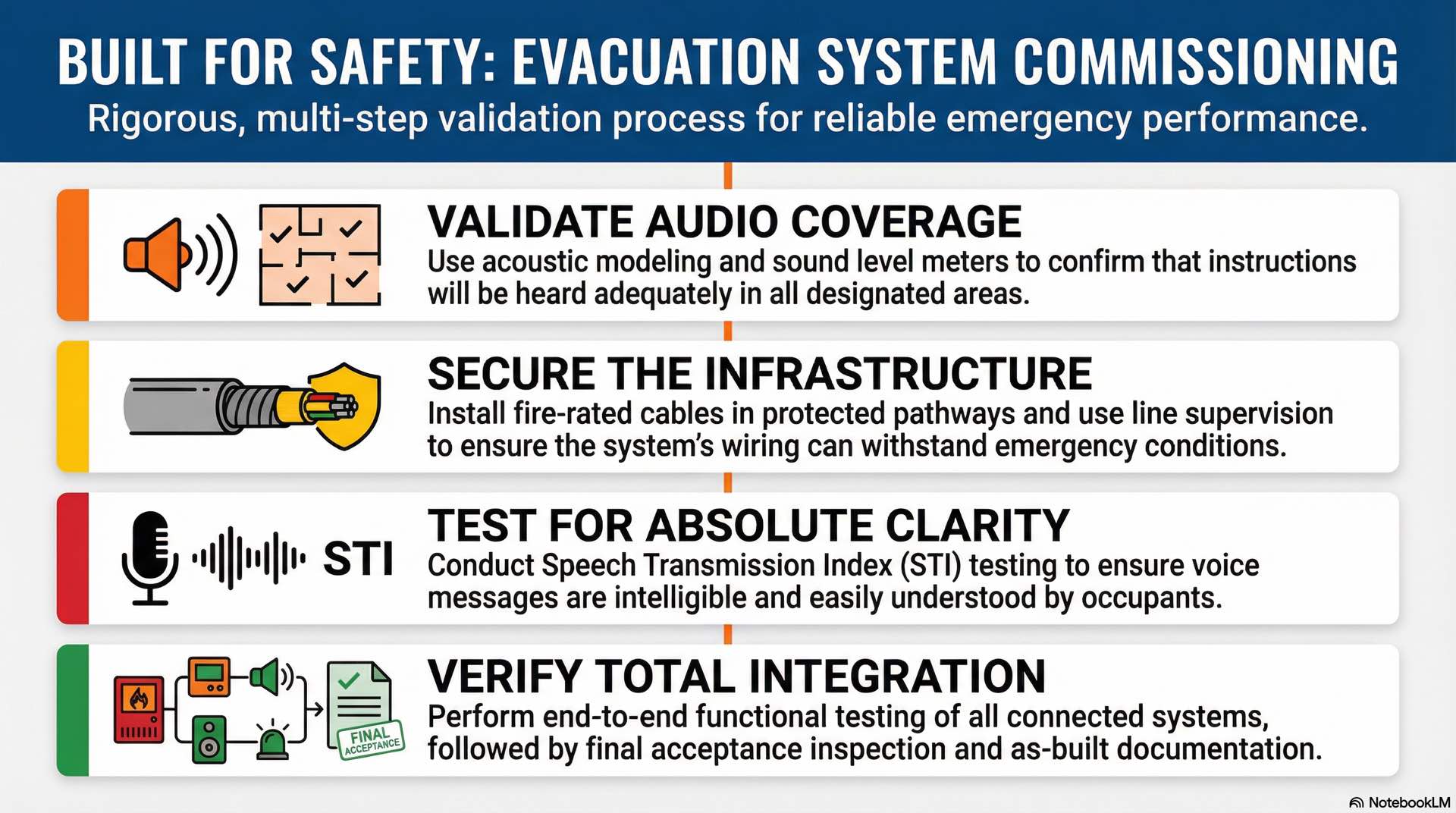 Installation includes speaker placement, cabling, load testing, STI checks, system integration, and documentation for reliable evacuation performance.