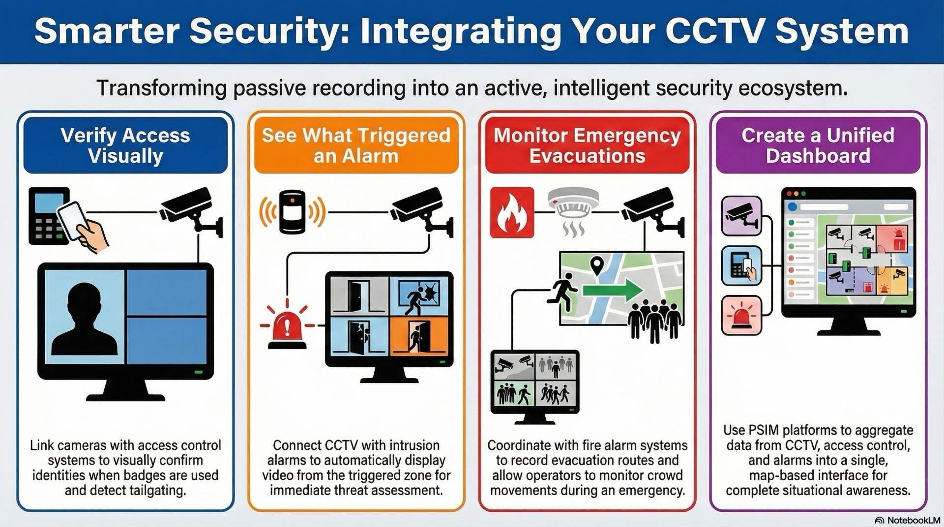 When CCTV links with access control, intrusion alarms, fire systems and BMS, camera video becomes part of a coordinated security and safety strategy for the whole facility.