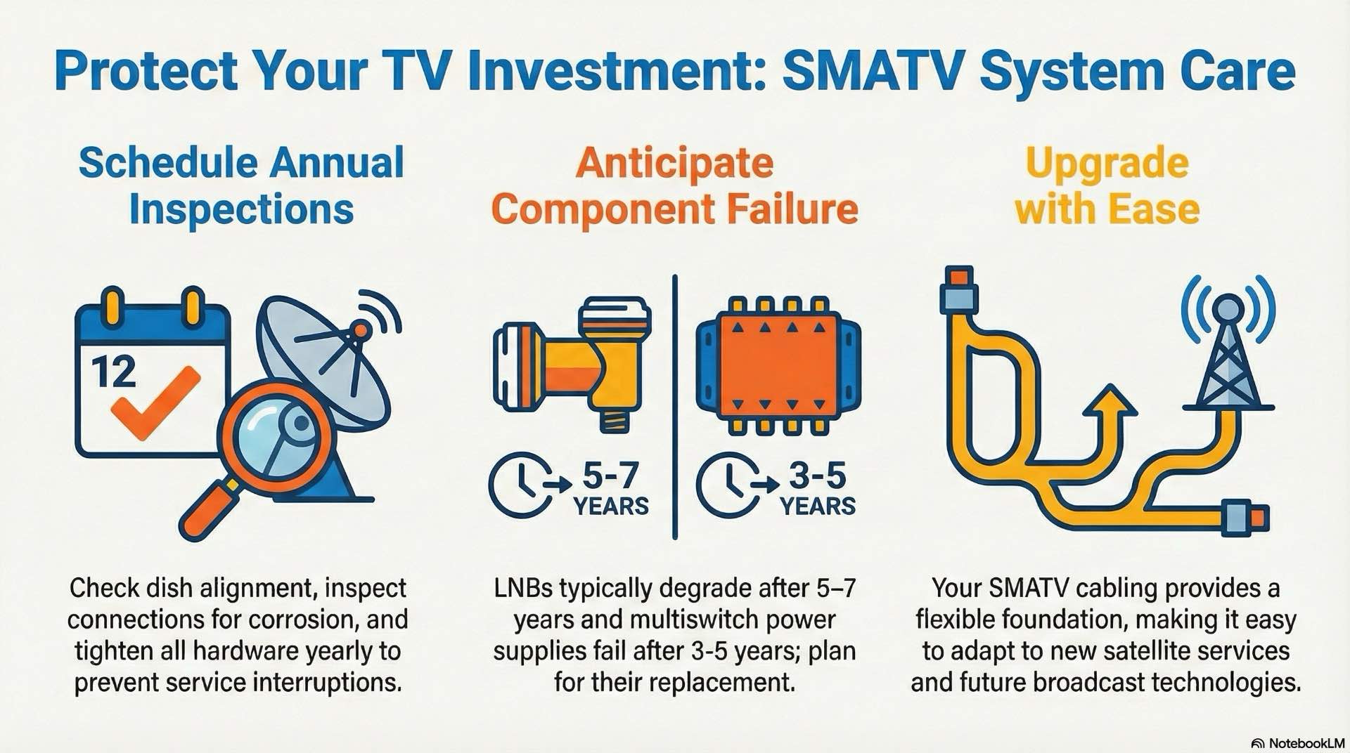 Routine inspections, cleaning, tightening and planned upgrades keep the shared smatv system stable, safe and ready for new services.
