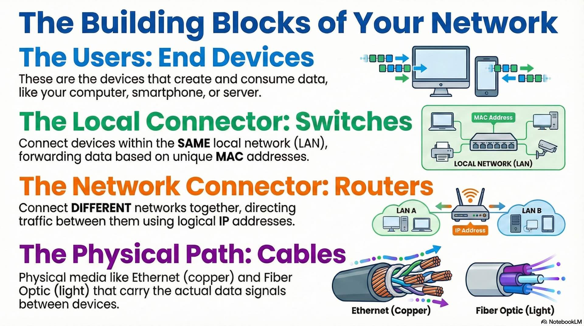 Network devices include end systems, switches, routers, gateways, and transmission media that enable data transfer and traffic control.