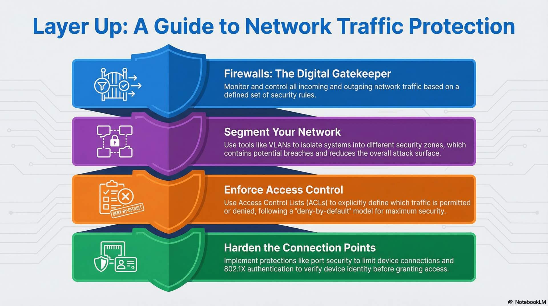 Network security basics focus on traffic protection using firewalls, access control rules, and network segmentation techniques.