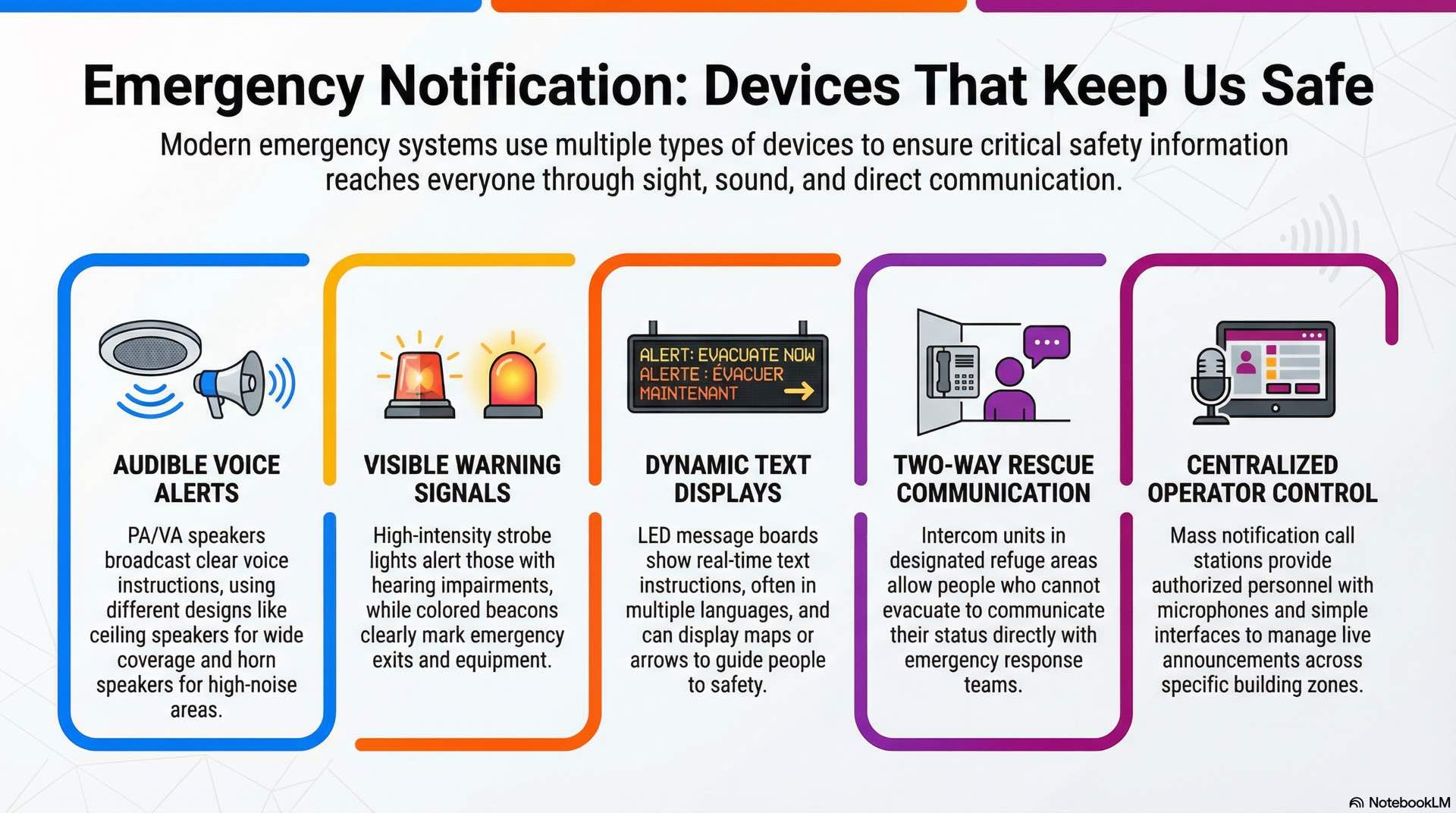 Notification devices include speakers, strobes, displays, rescue communication units, and call stations that support emergency alert delivery.