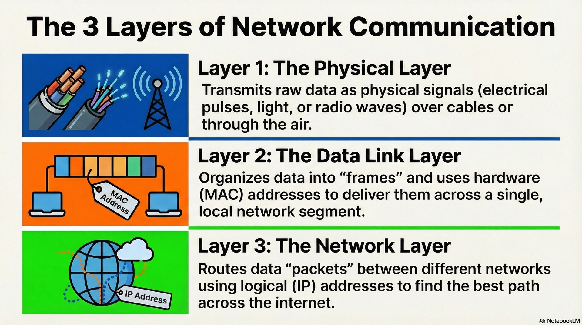 A simplified look at core network fundamentals, including how the Network layer handles IP Addressing and enables data routing across networks.