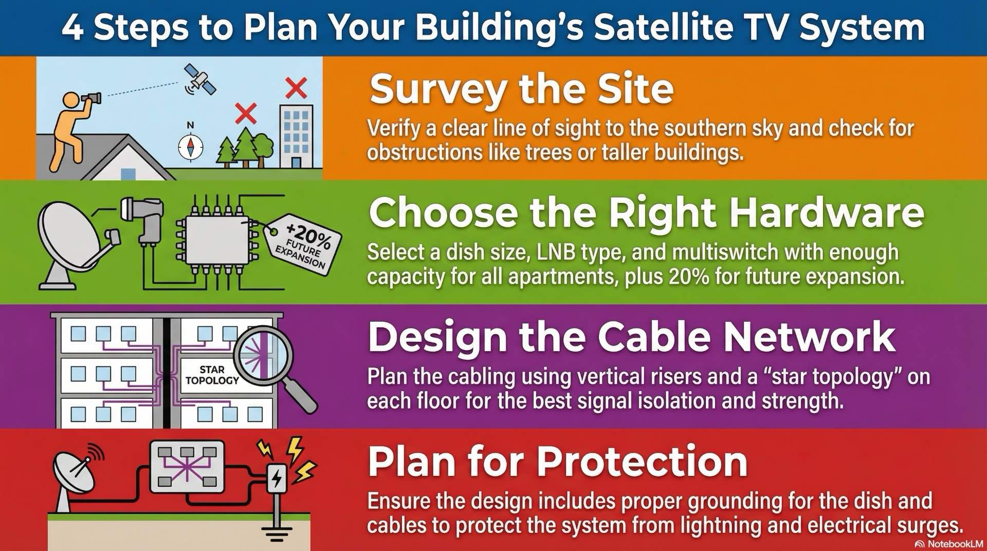 Site survey, line of sight, building layout and user demand combine to define a practical satellite tv plan for any apartment block.