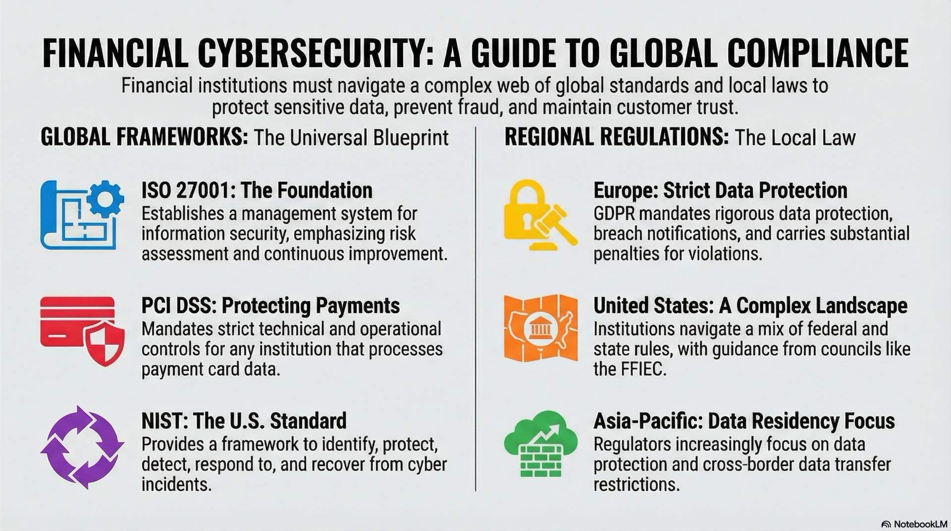 Outline the key regulations and standards that shape cybersecurity in financial services and what they mean for risk management and controls.