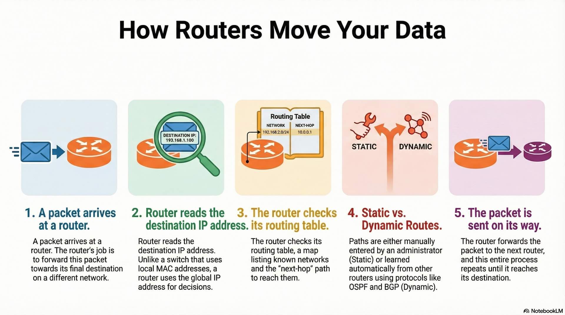 Routing fundamentals explain how routers forward packets between networks using routing tables and static or dynamic path selection.