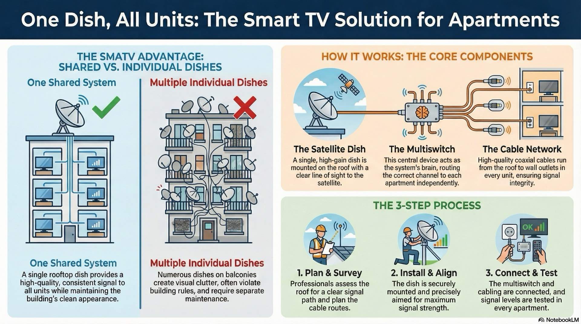 Shared satellite dishes, smatv layouts and key components that deliver stable tv signal to every apartment from one central system.