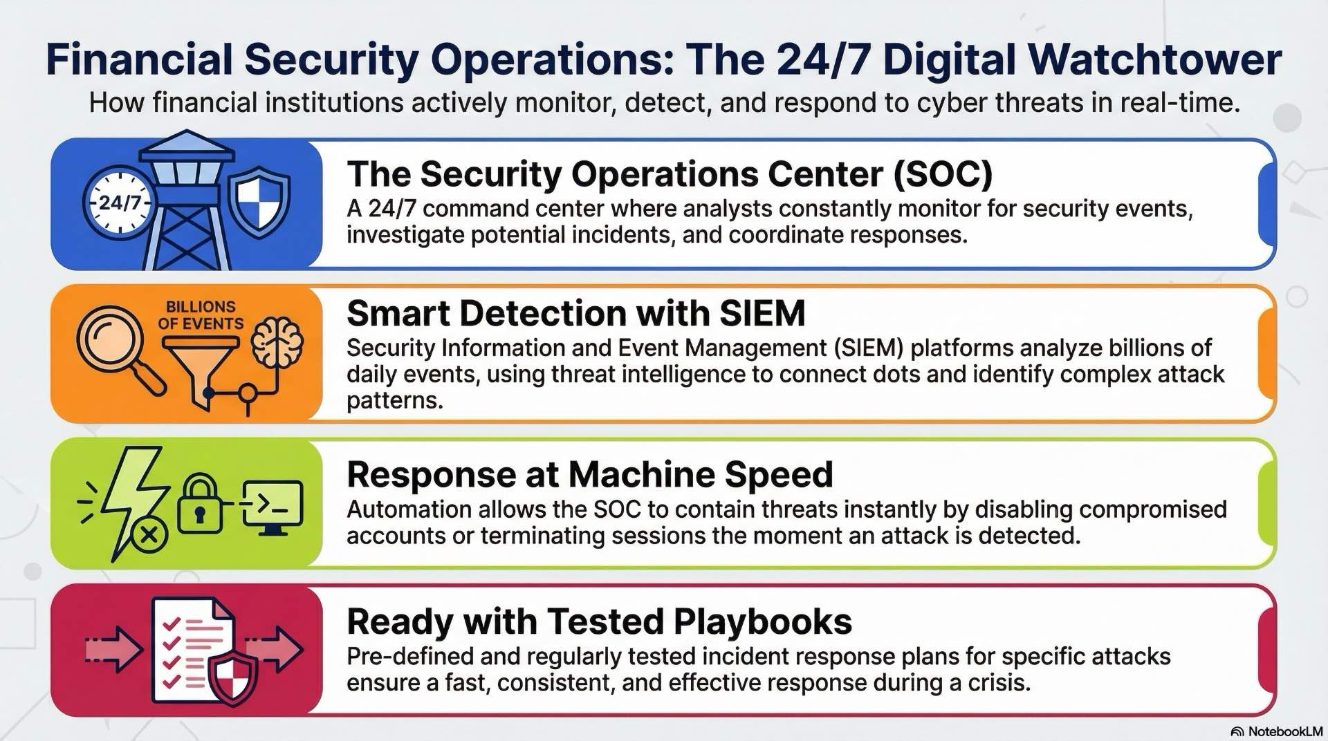 Describe how SOC, SIEM, and threat intelligence work together in financial services to detect incidents early and orchestrate effective response.