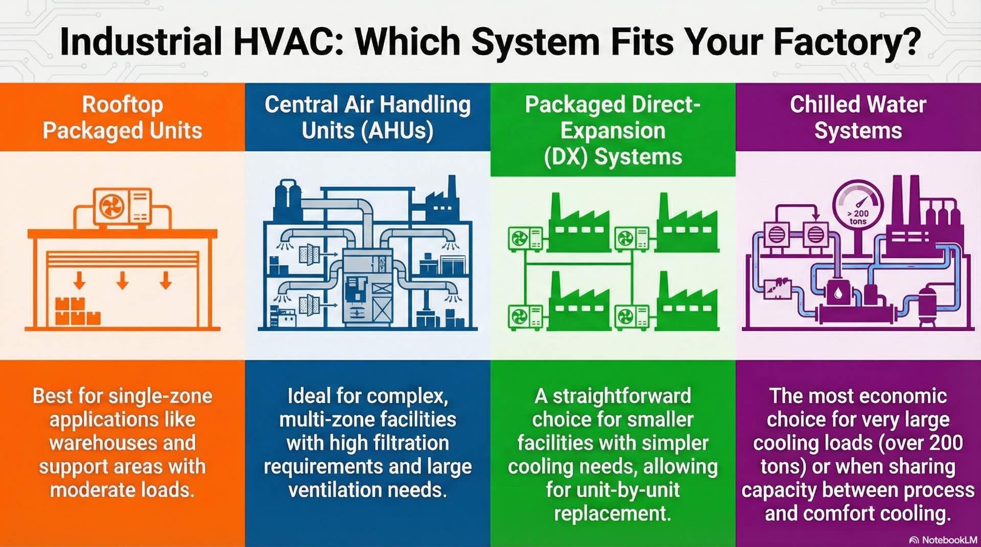 Industrial HVAC system selection depends on production continuity, load variability, redundancy needs, and the ability to perform under harsh operating conditions.