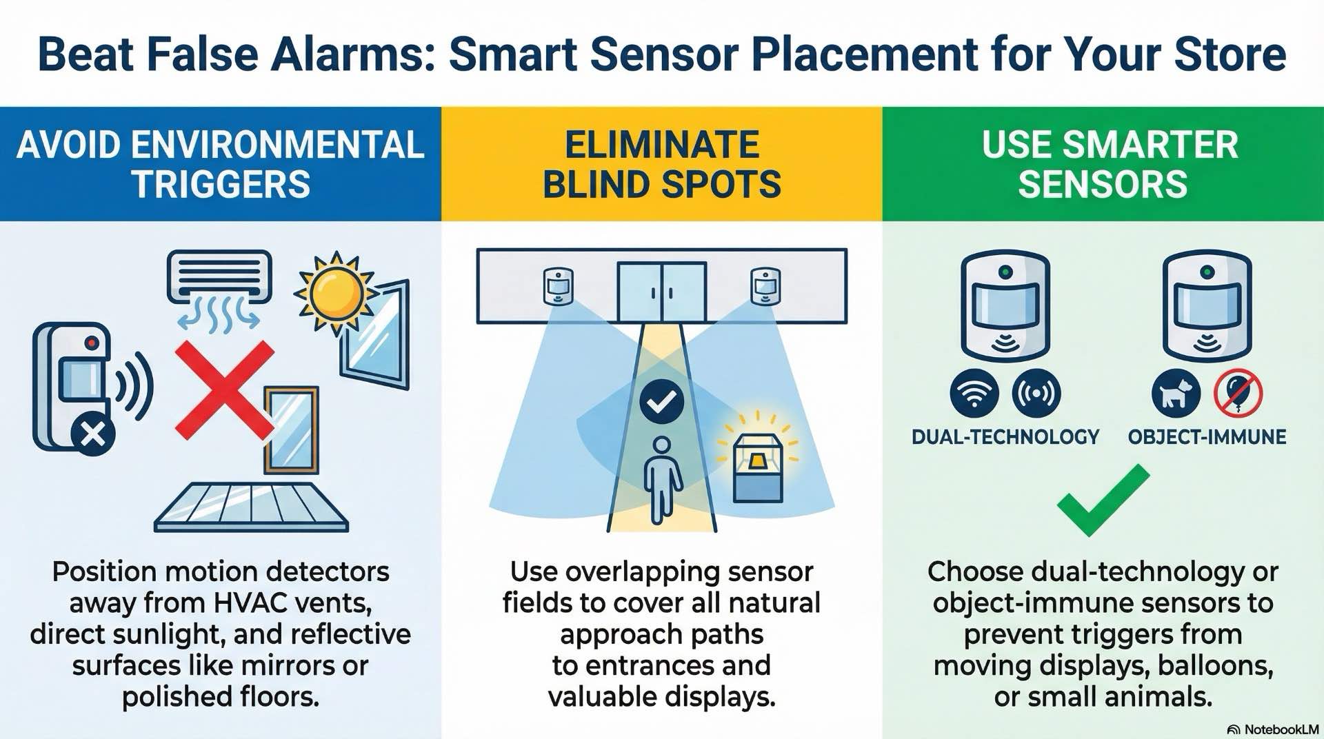 Actionable sensor placement tips that maintain strong intrusion coverage while reducing false burglar alarms in busy retail environments.