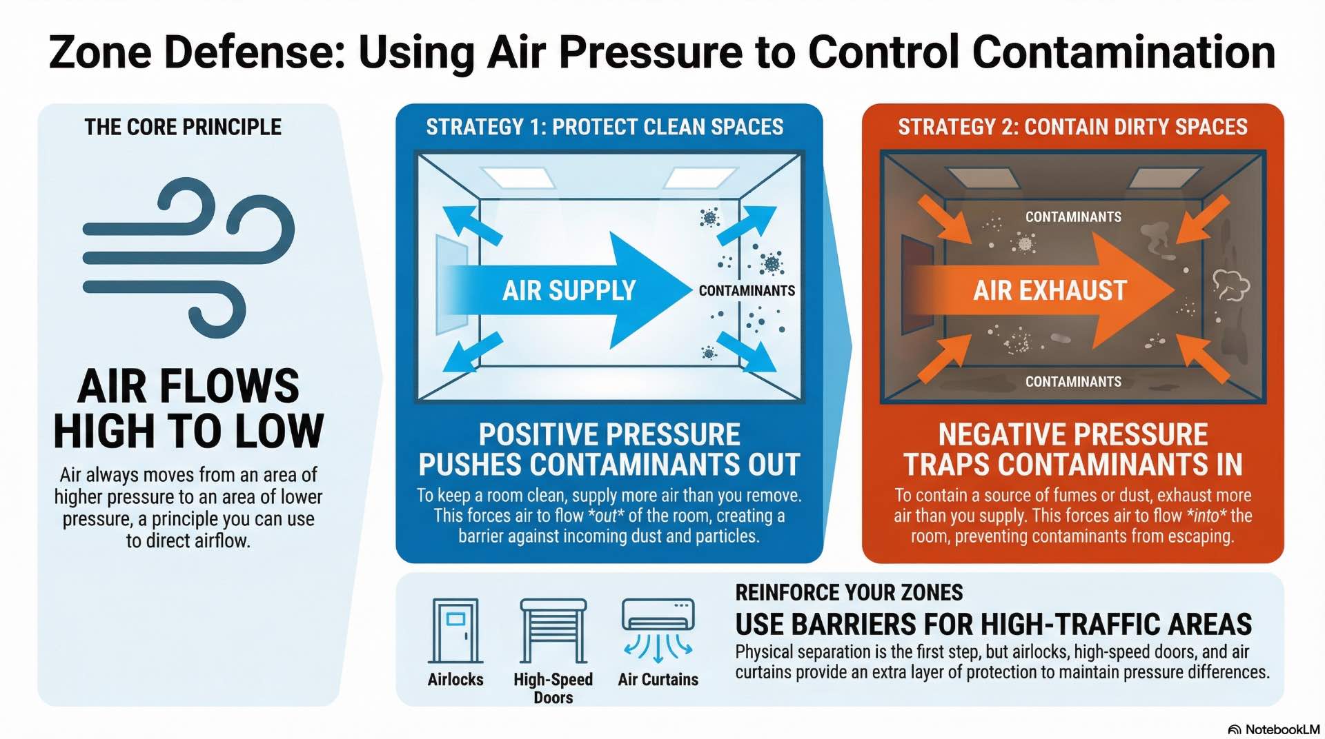 HVAC zoning and pressure control prevent contaminants from moving between production zones, storage areas, and clean spaces within industrial facilities.