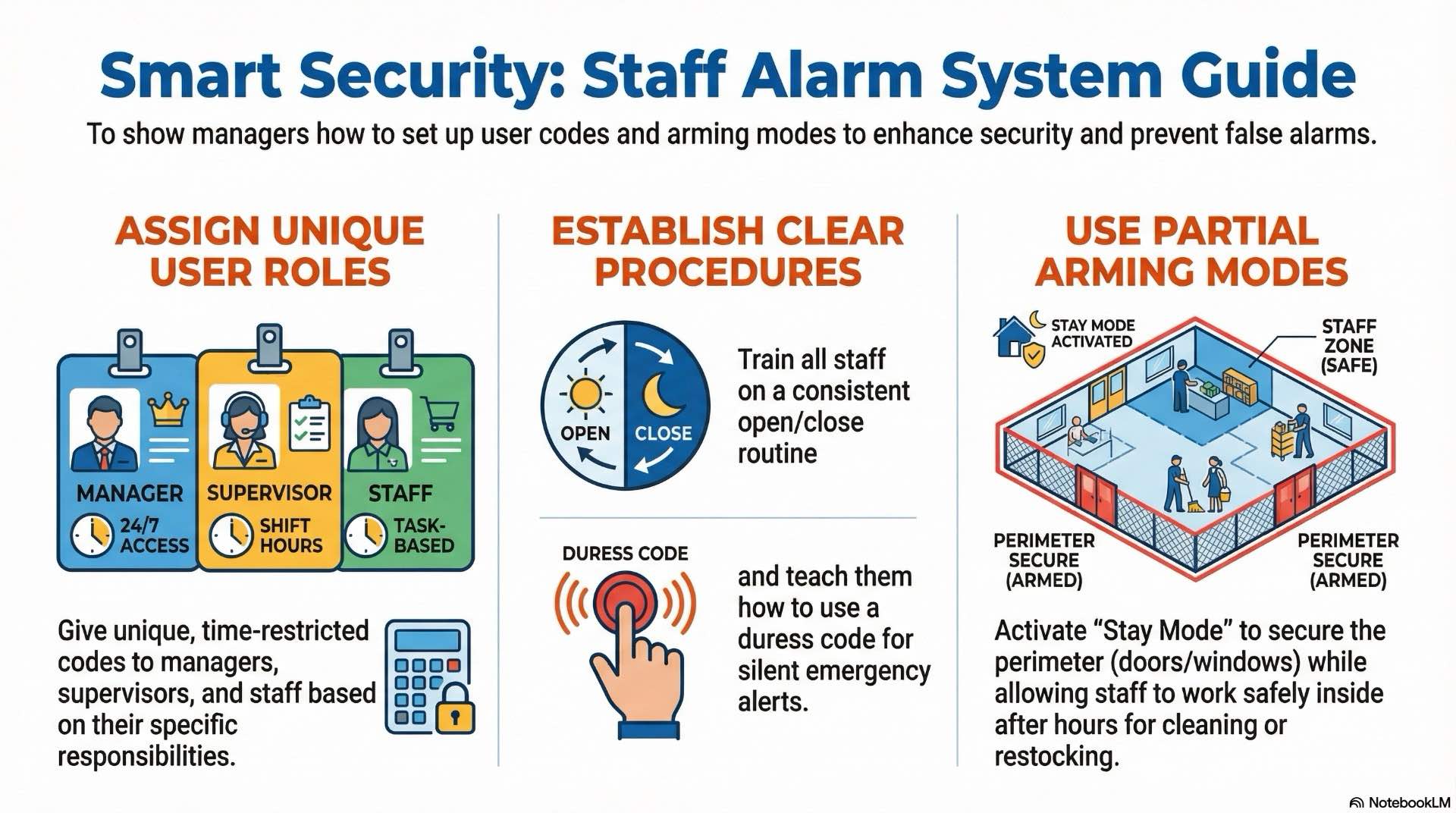 Guidance on configuring user codes, roles and arming modes so store employees can operate the burglar alarm safely and consistently.