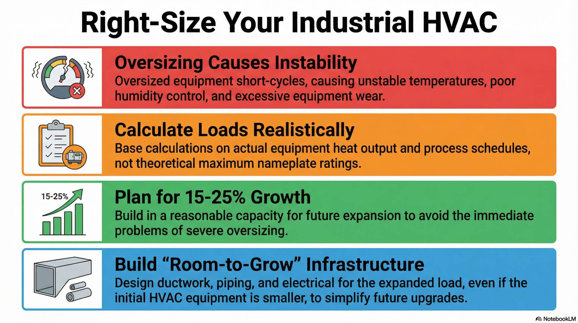 Correct HVAC sizing accounts for process heat, ventilation demand, and future changes to avoid oversizing, instability, and unnecessary energy use.