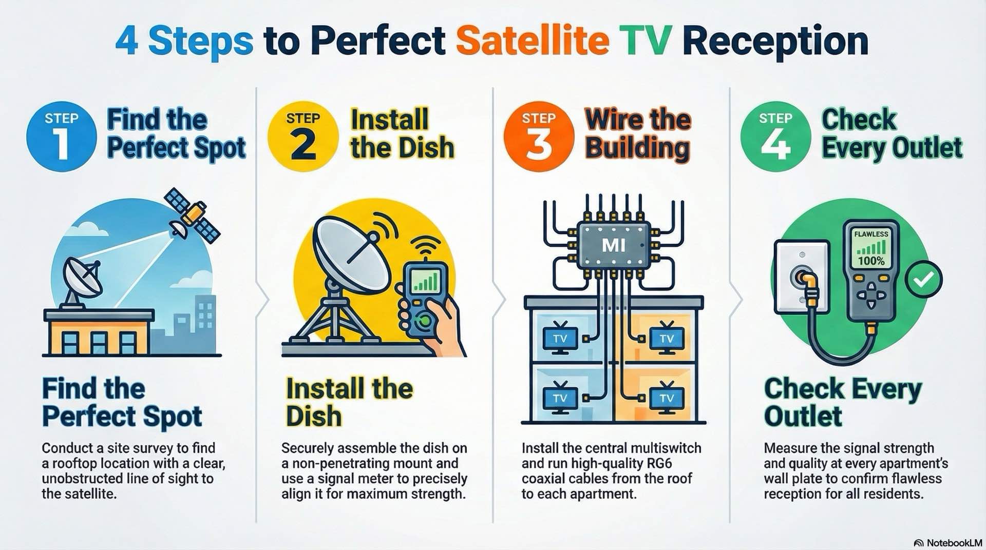 Dish mounting, alignment, smatv room layout, multiswitch wiring and first power up follow a clear on site installation workflow.
