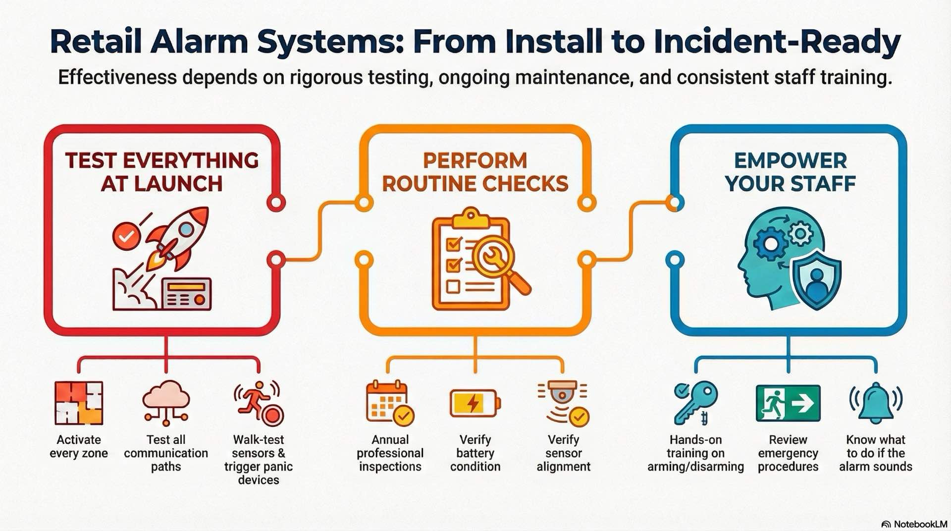 Checklist-based approach to testing, commissioning and maintaining retail burglar alarm systems for long-term, reliable intrusion security.