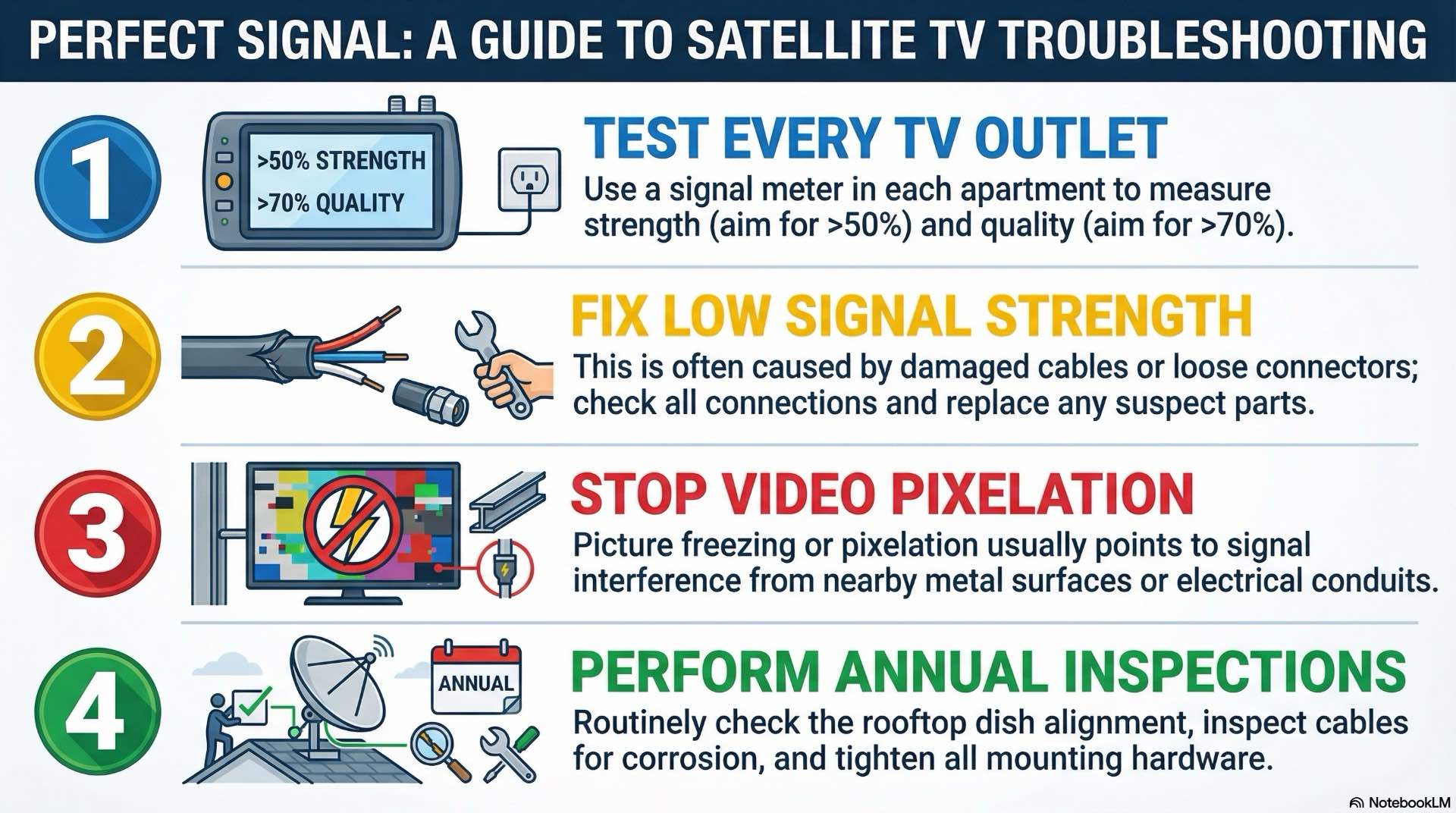 Signal levels and quality are measured, outlets checked and common faults fixed to remove pixelation, dropouts and no signal issues.