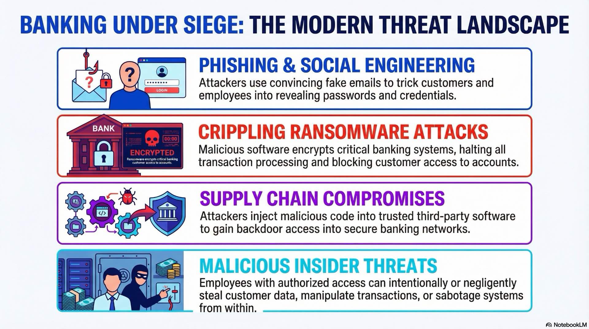 Describe the main cyber threats targeting banking and financial institutions and how they exploit digital channels, users, and core systems.