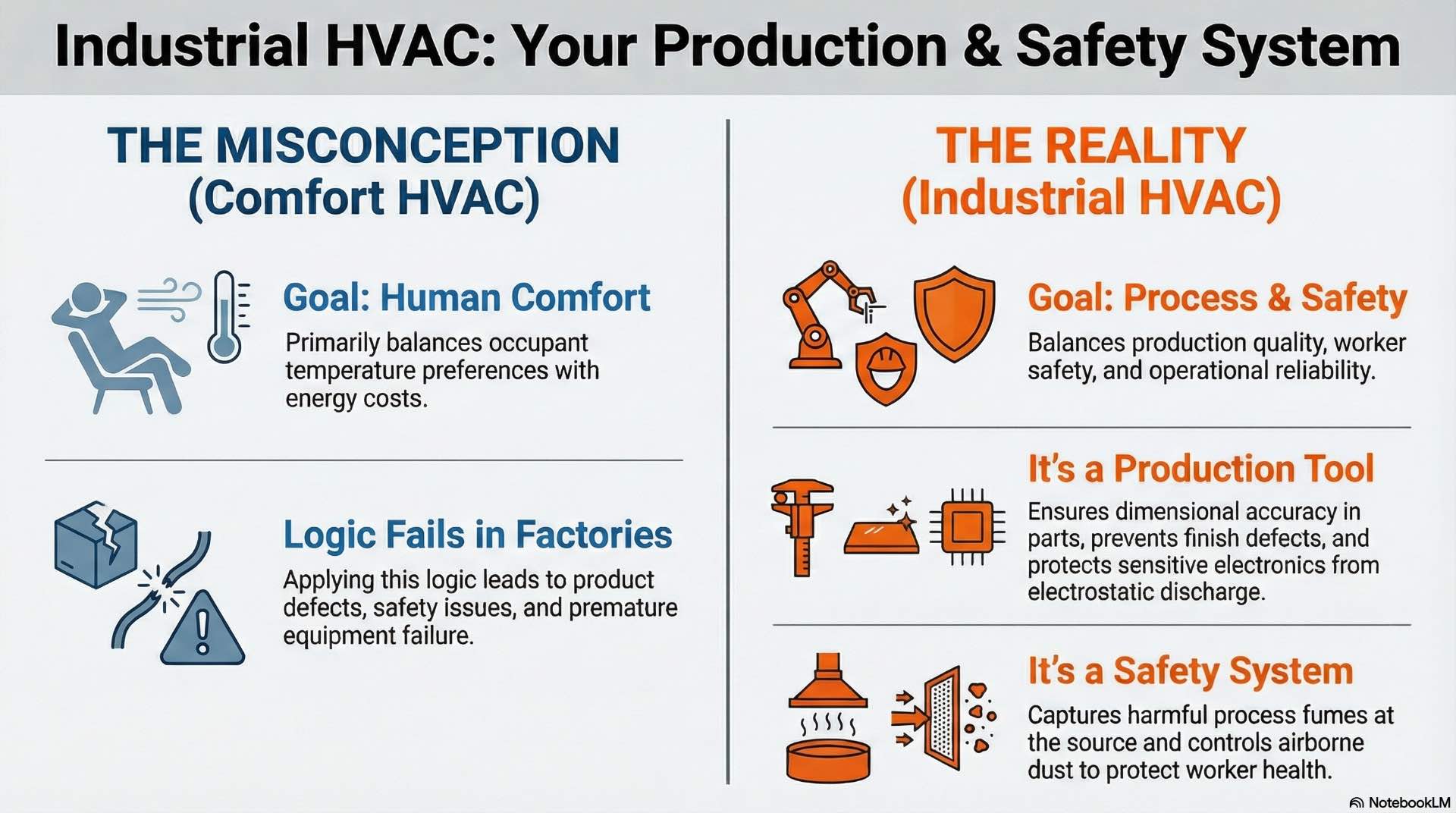 In industry settings, HVAC directly affects production stability and worker safety by controlling heat, airborne contaminants, and operating conditions inside factory environments.