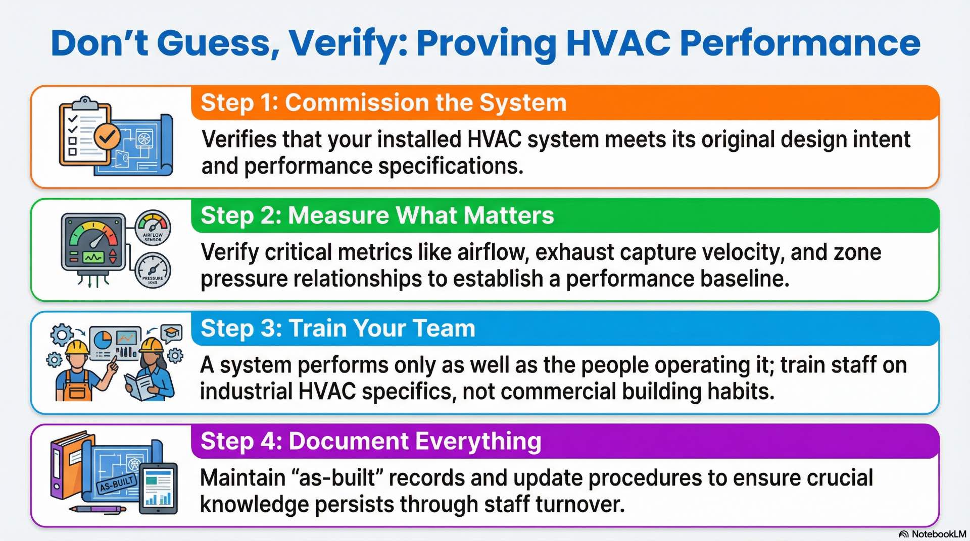 Commissioning and ongoing checks confirm HVAC airflow, exhaust capture, and pressure balance match real factory conditions before and after handover.