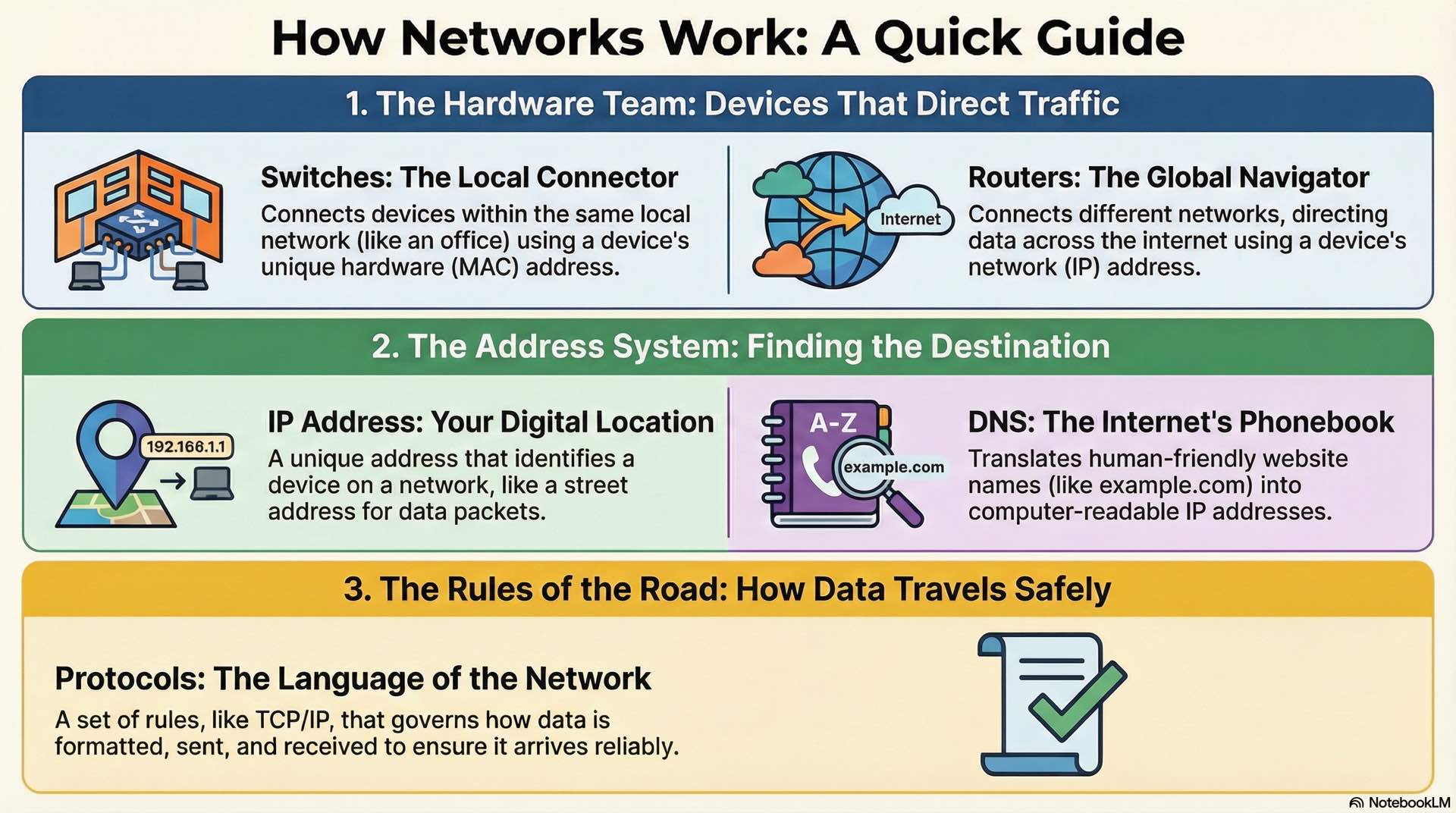 Network fundamentals define how devices communicate using structured models, addressing schemes, and controlled data exchange processes.