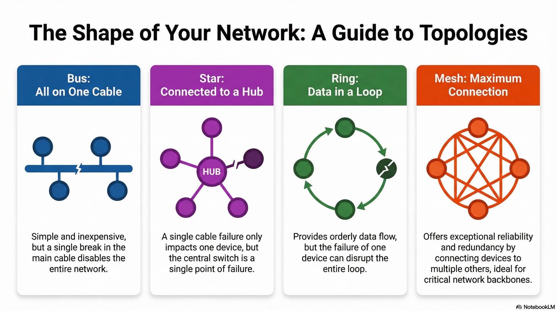 Network topologies describe physical and logical layouts such as bus, star, ring, mesh, and hybrid designs that influence performance and resilience.