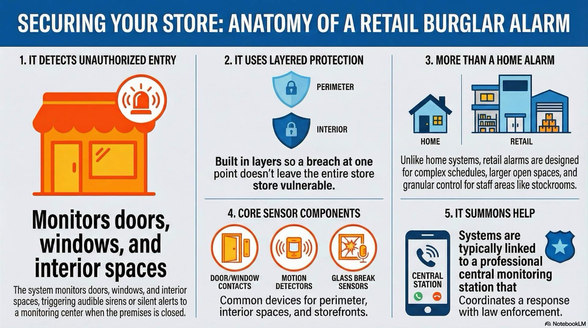 Overview of how burglar alarm systems work in retail stores and showrooms, protecting stock, cash and staff against intrusion and theft.