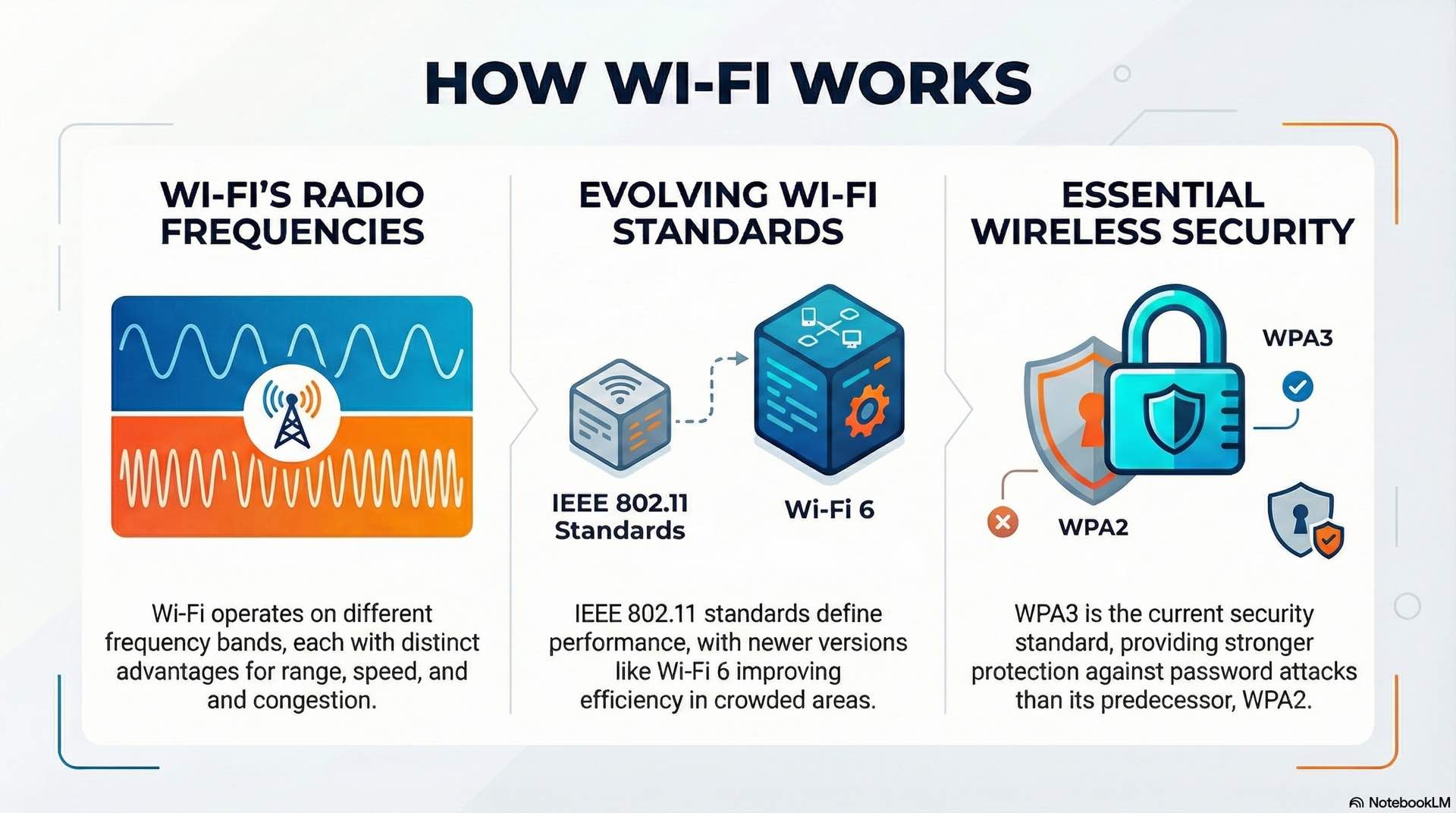 Wireless networking basics describe Wi-Fi operation, frequency bands, signal propagation, and access control mechanisms.