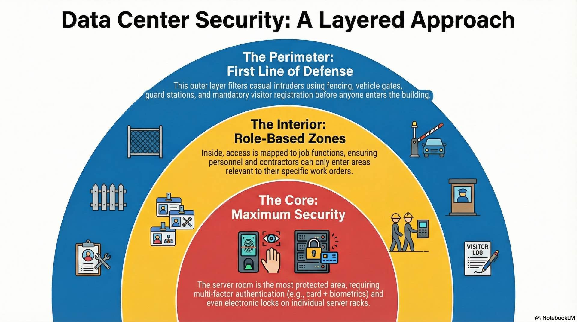 Effective data center access control separates perimeter, server room, and rack zones to limit movement based on role and responsibility.