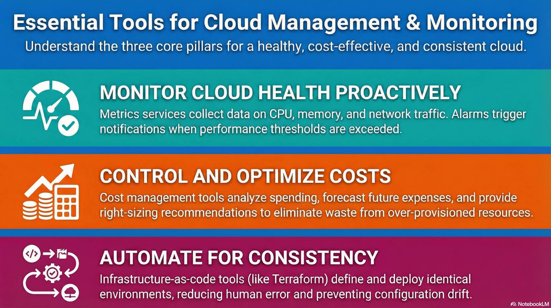 Management tools control cloud solutions by monitoring performance, optimizing resources, and automating infrastructure tasks.