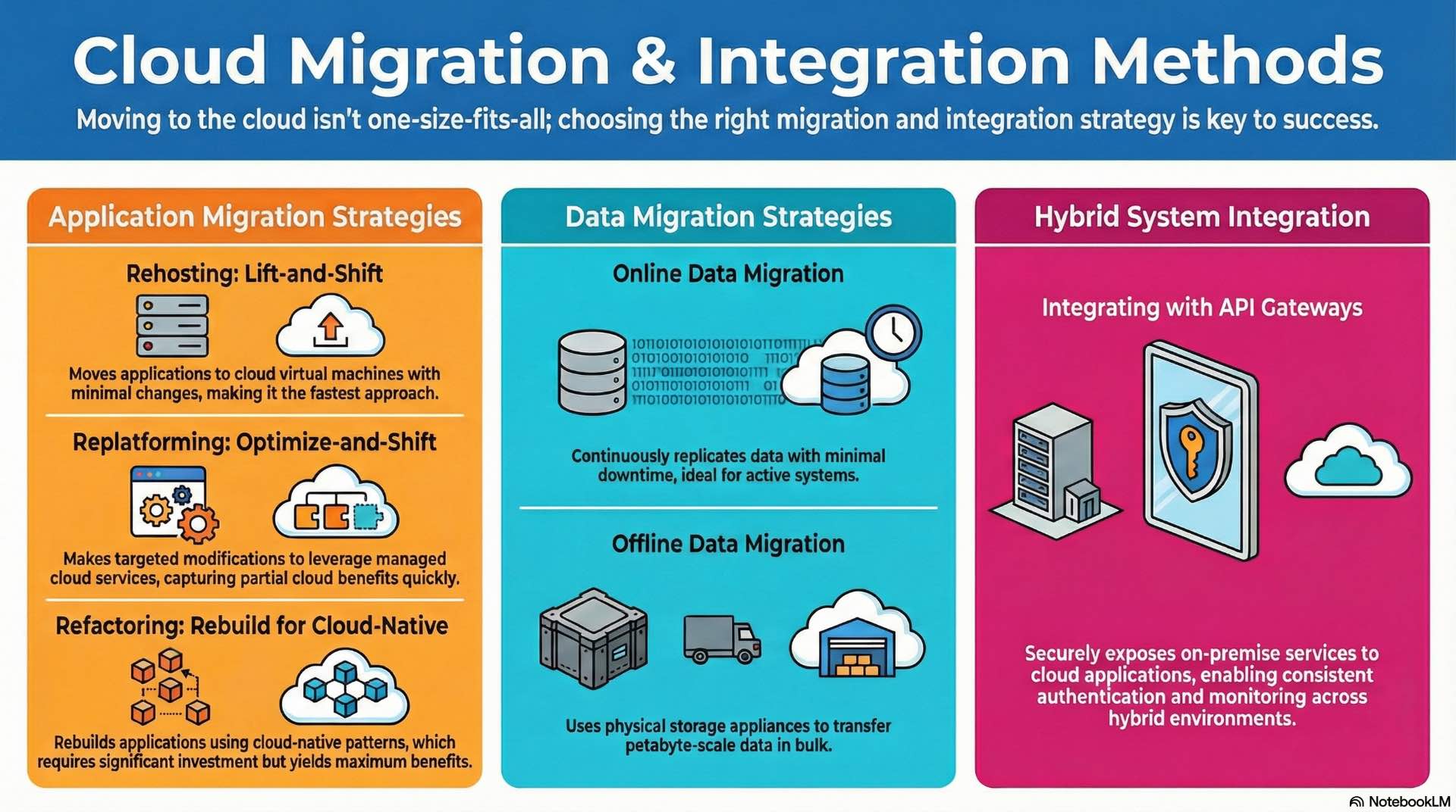 Migration methods move software workloads into cloud solutions while integrating virtualization with existing systems.