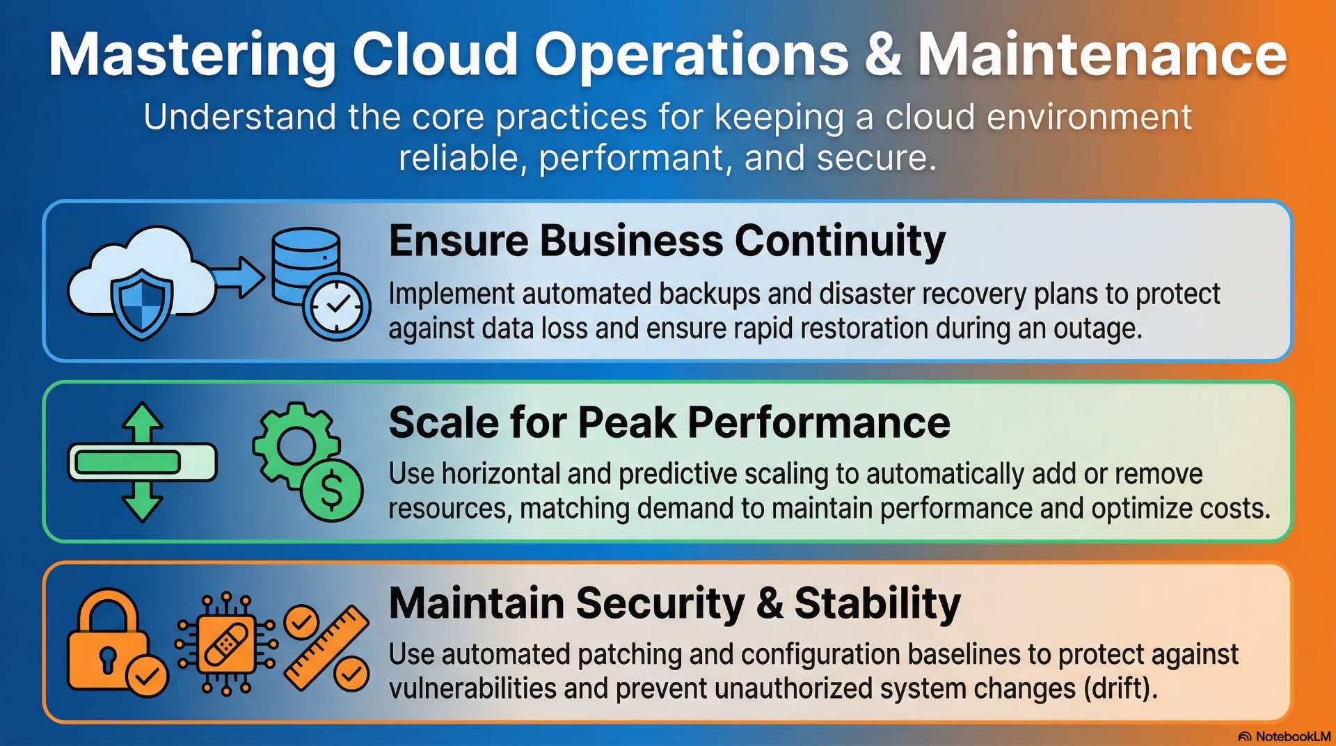 Operational processes maintain cloud solutions through backup, scaling, patching, and lifecycle management.