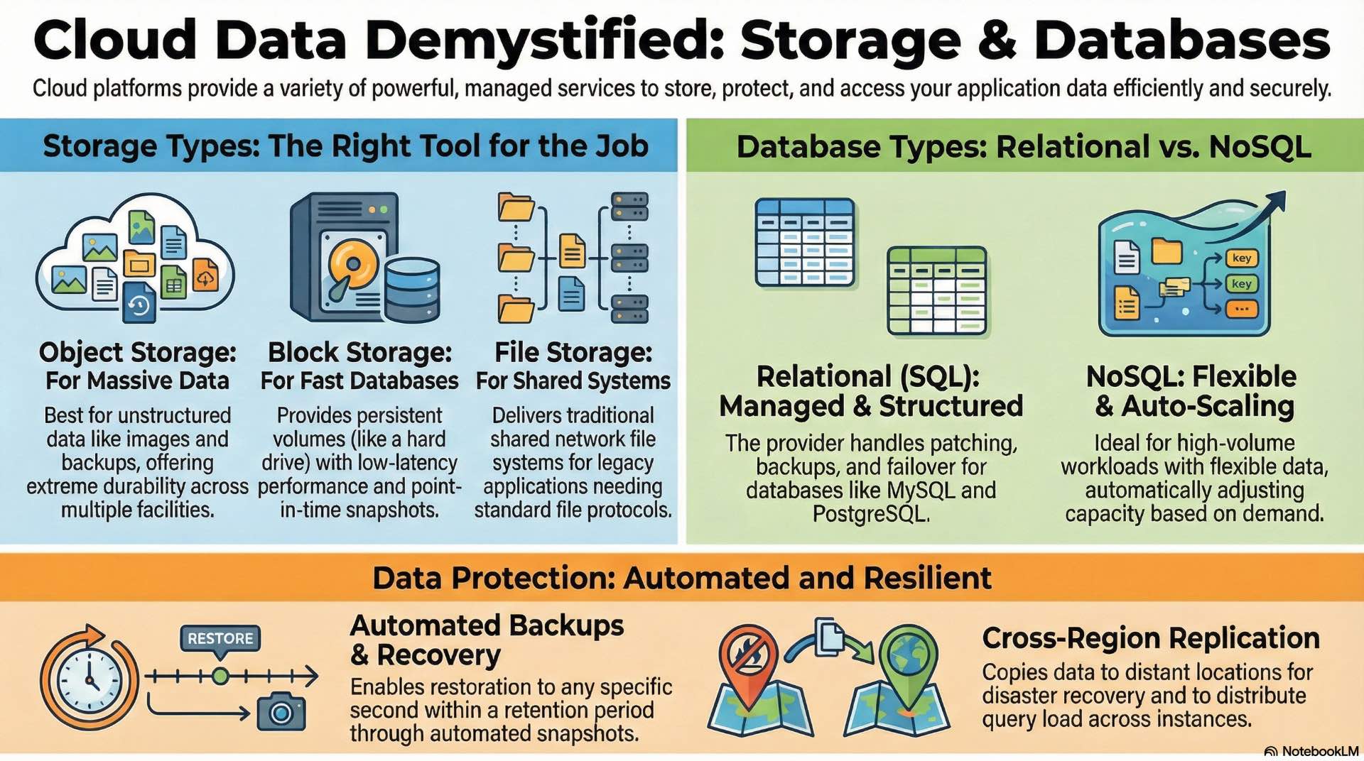 Cloud platforms provide storage and database services that support software workloads through virtualized data management layers.