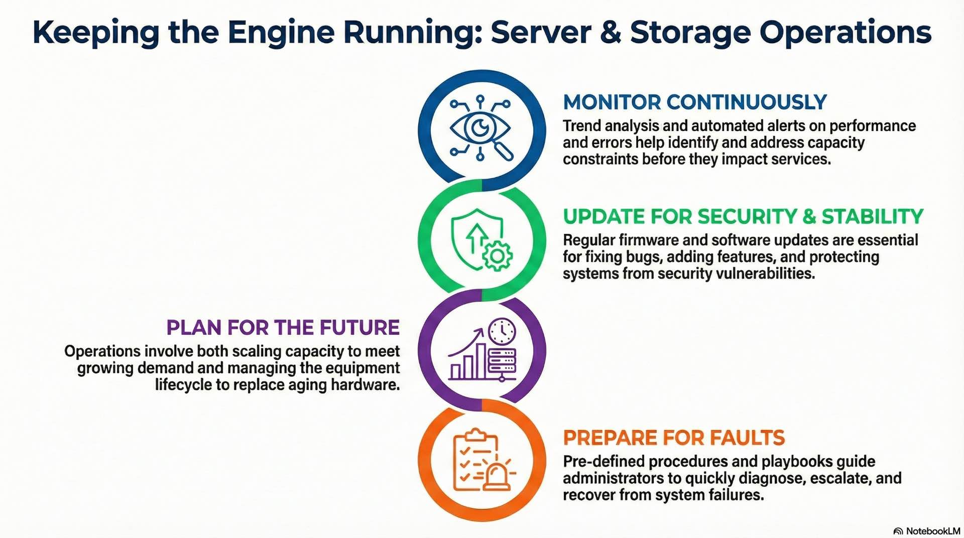 Operations and maintenance activities sustain performance and reliability through monitoring, updates, fault handling, and lifecycle planning.