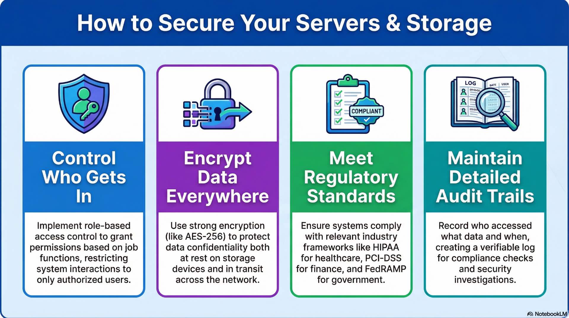 Security and compliance controls protect server storage environments using access control, encryption, auditing, and regulatory alignment.