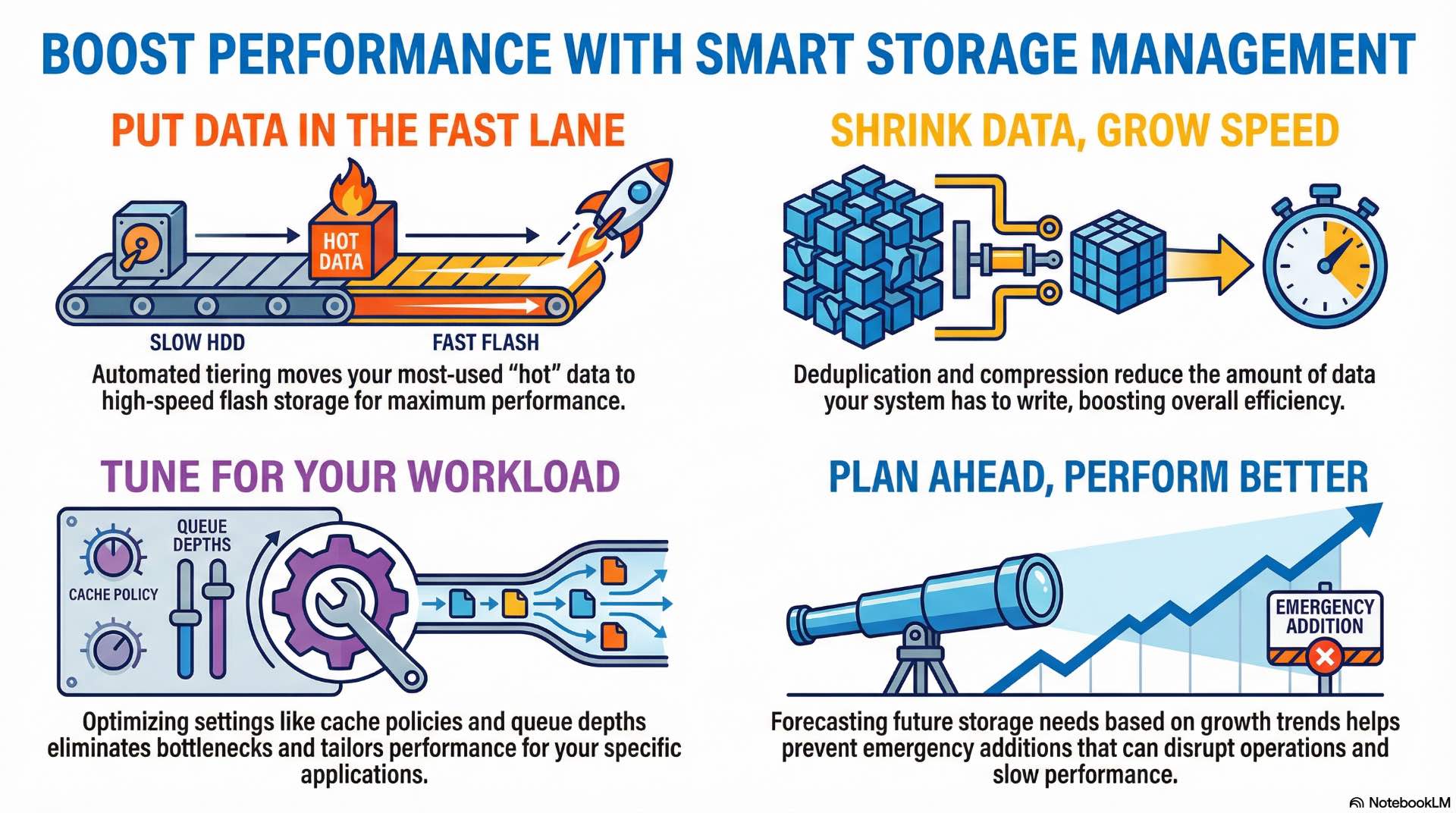 Storage management and optimization techniques enhance performance and efficiency through capacity planning, tiering, and data reduction.