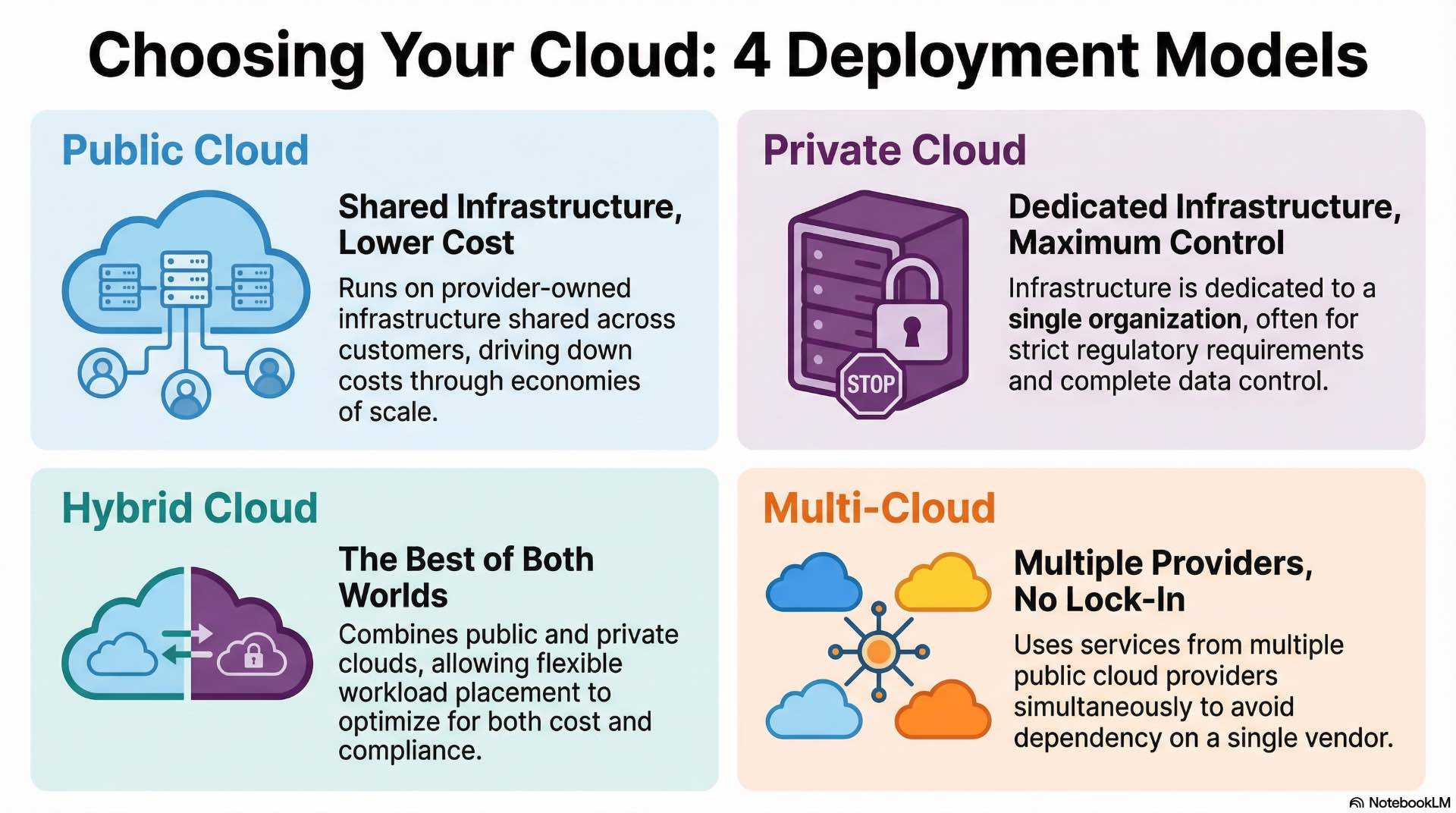 Cloud deployment models describe how cloud solutions are implemented across public, private, hybrid, and multi-cloud environments.